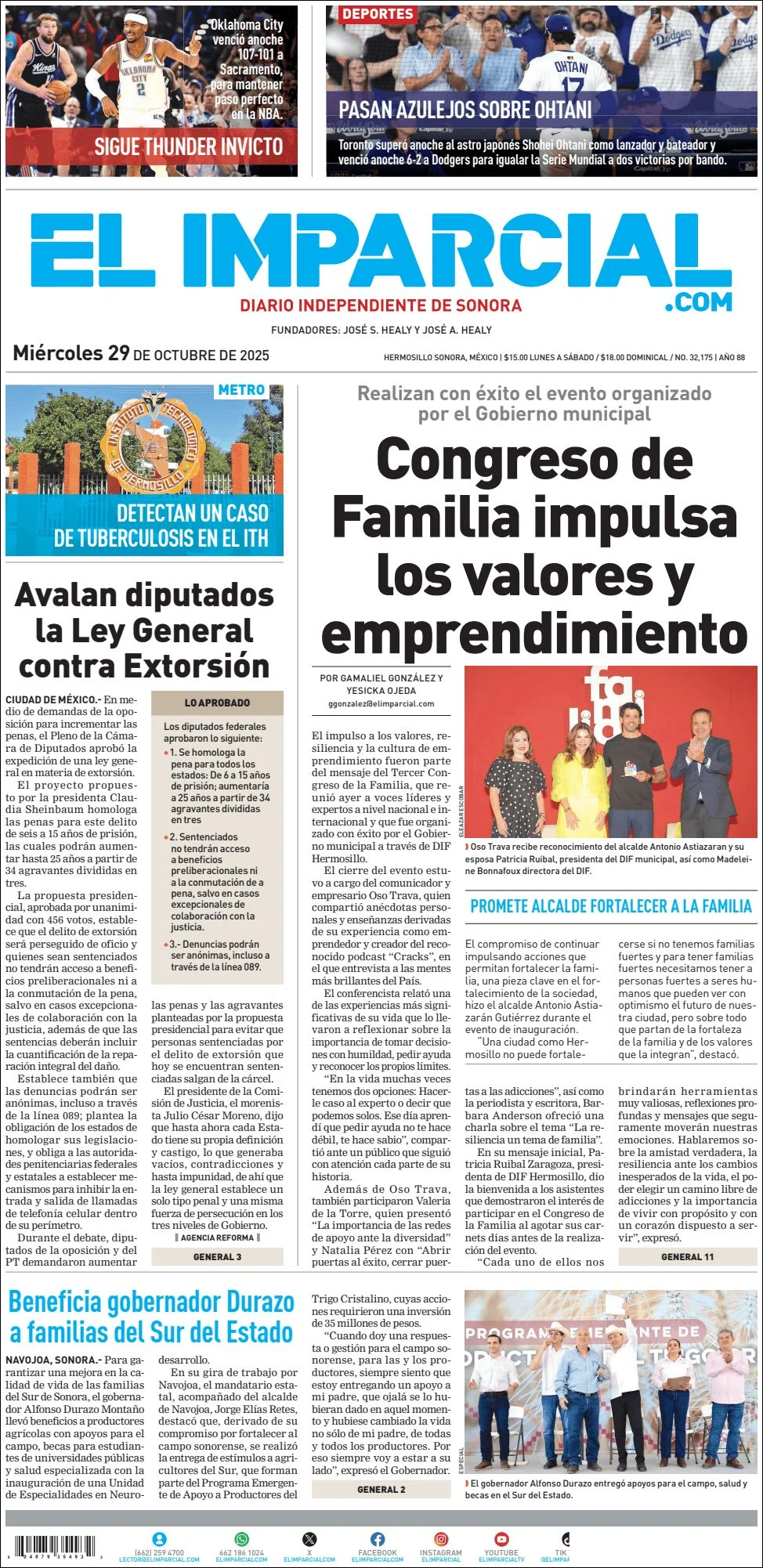 Portada de El Imparcial del miércoles, 29 de octubre de 2025