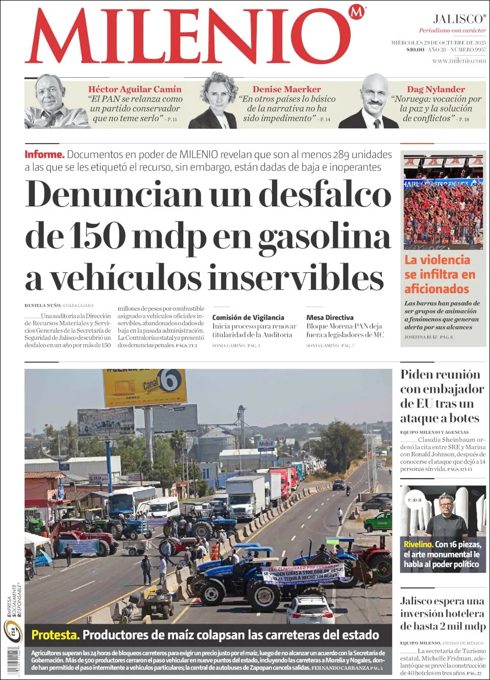 Portada de Milenio Jalisco del miércoles, 29 de octubre de 2025