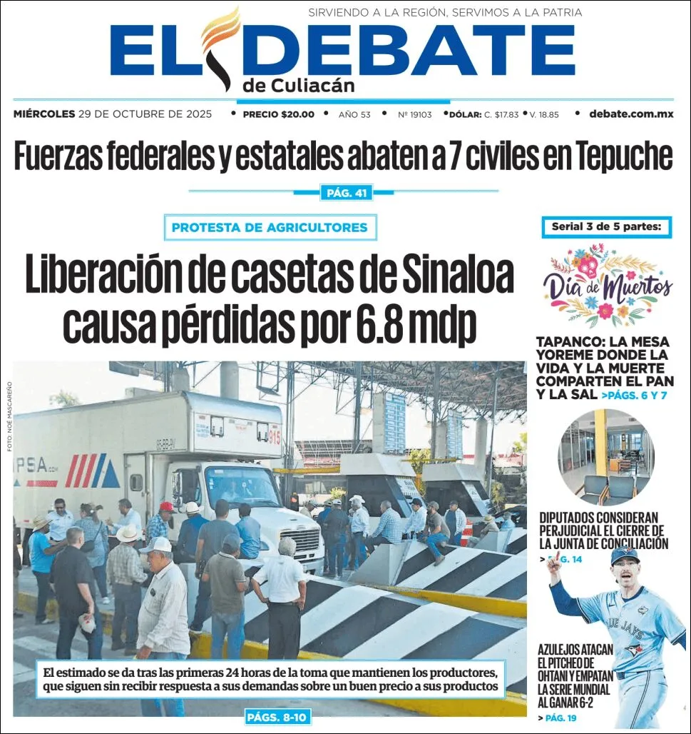 Portada de El Debate de Culiacan del miércoles, 29 de octubre de 2025