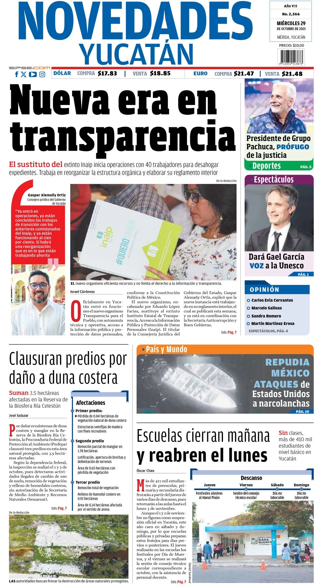 Portada de Novedades Yucatan del miércoles, 29 de octubre de 2025