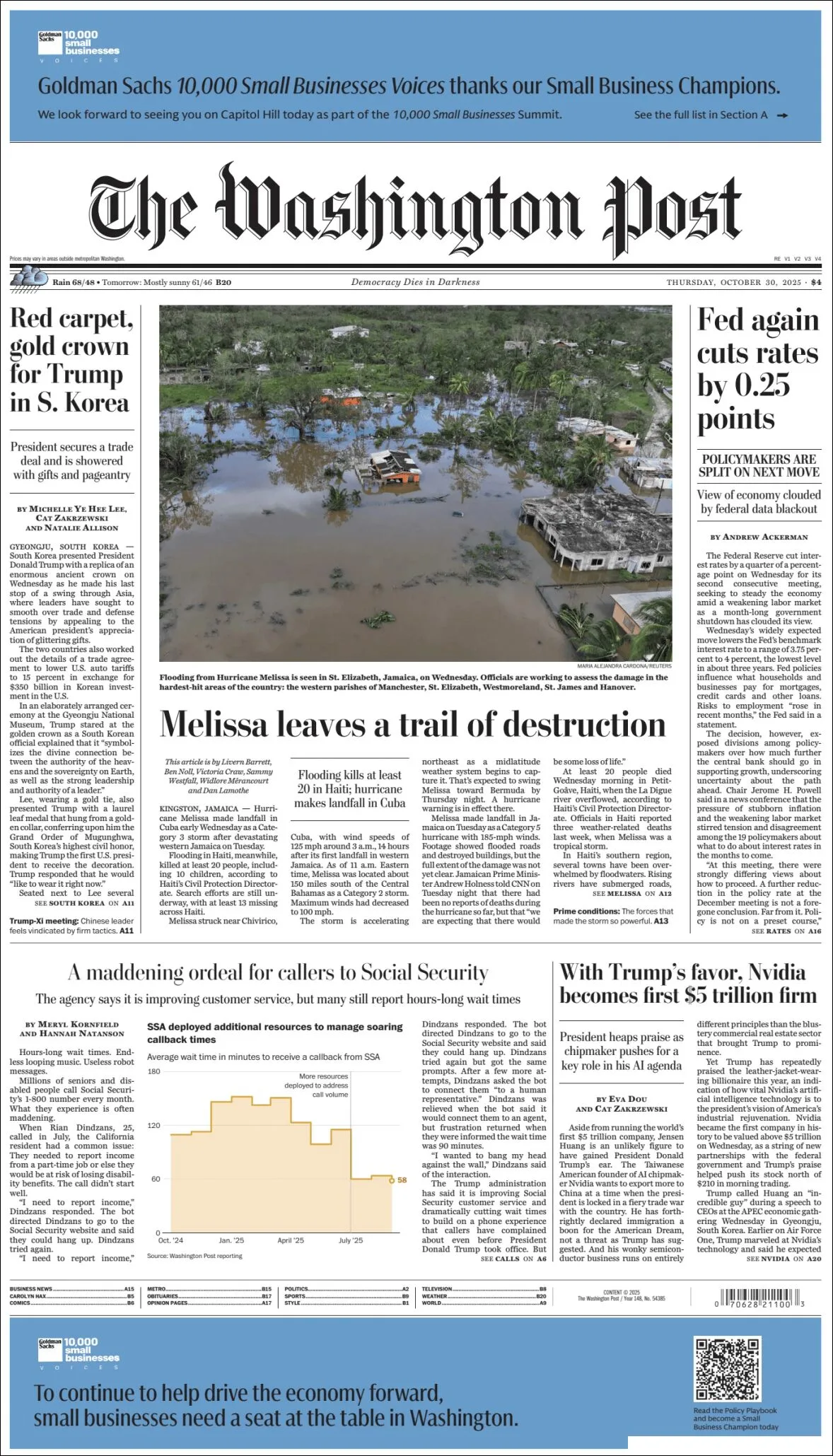 Portada de The Washington Post del jueves, 30 de octubre de 2025
