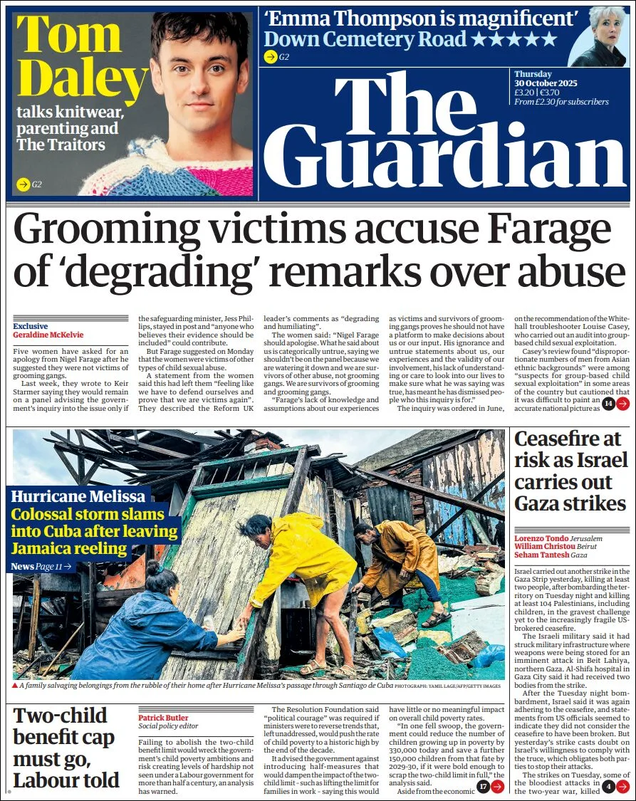 Portada de The Guardian (reino Unido) del jueves, 30 de octubre de 2025