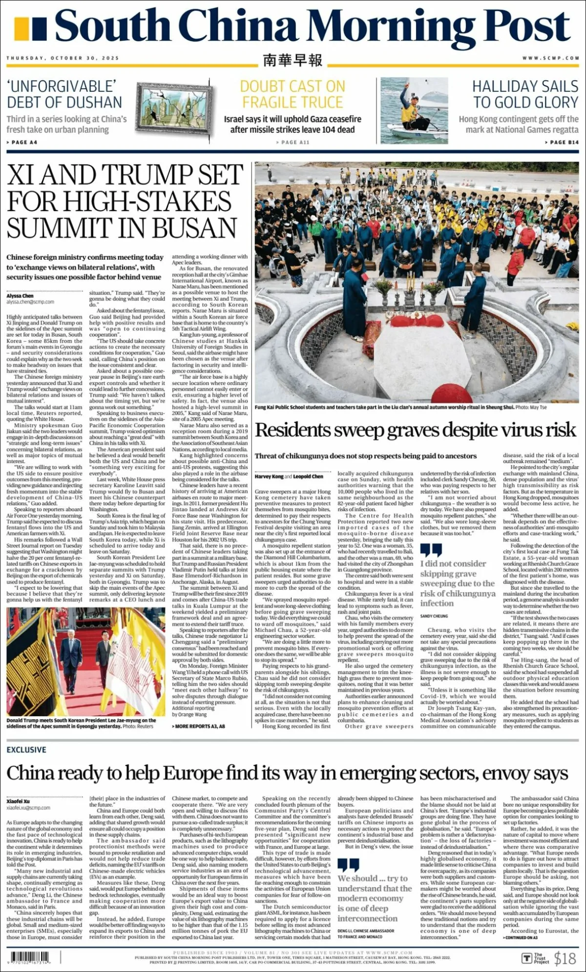 Portada de South China Morning Post del jueves, 30 de octubre de 2025