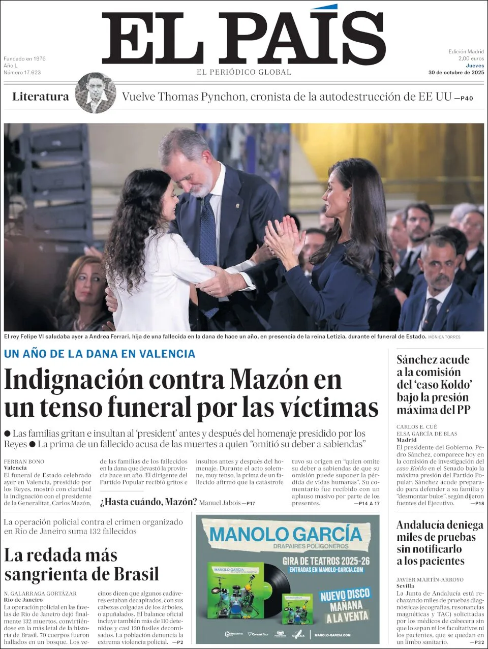 Portada de El Pais del jueves, 30 de octubre de 2025
