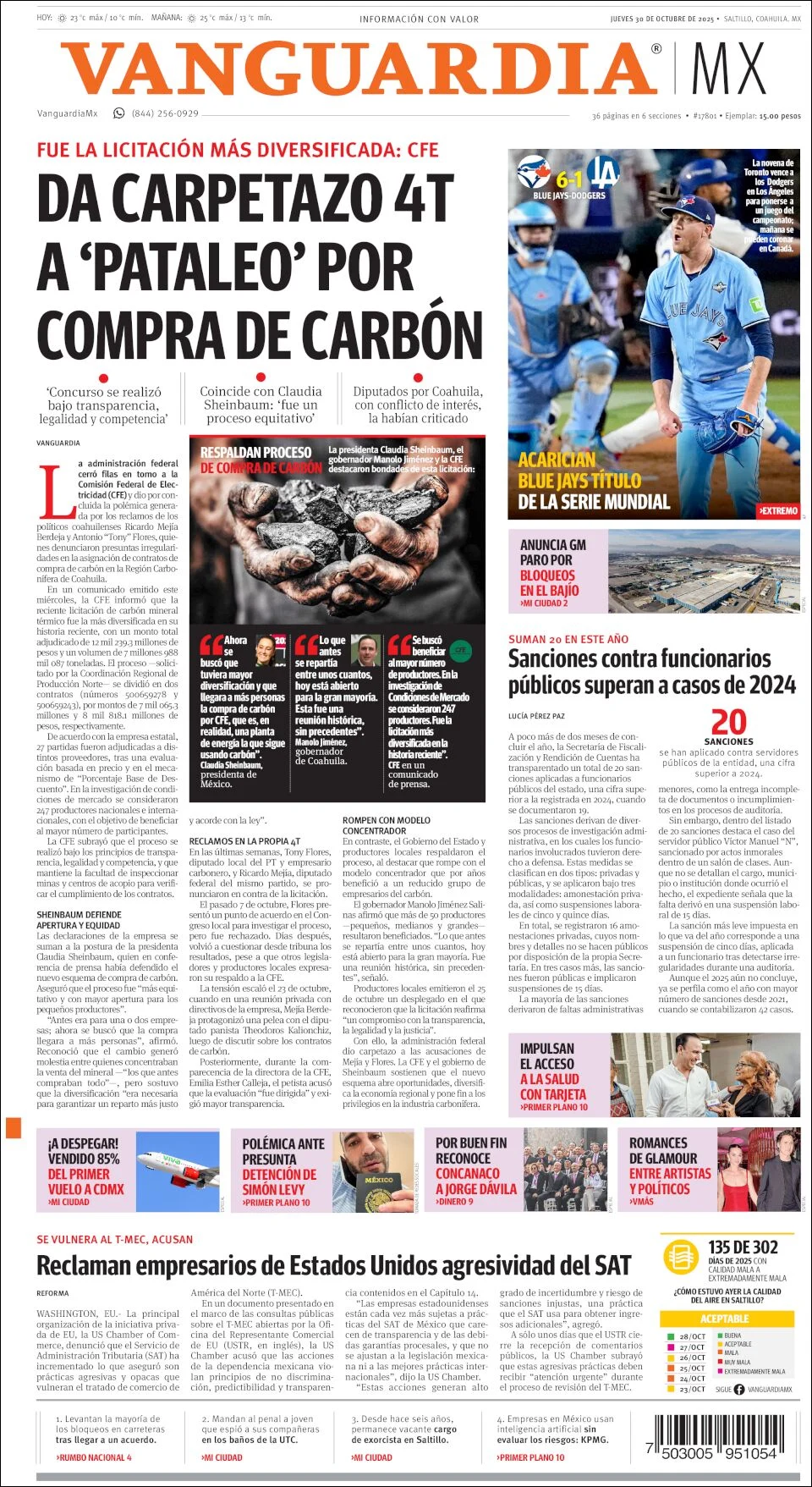 Portada de Vanguardia del jueves, 30 de octubre de 2025