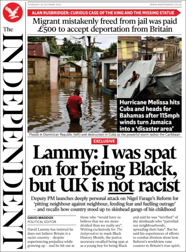 Portada de The Independent del jueves, 30 de octubre de 2025