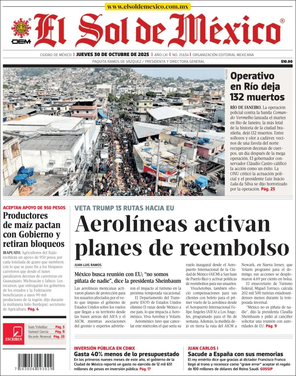 Portada de El Sol de Mexico del jueves, 30 de octubre de 2025