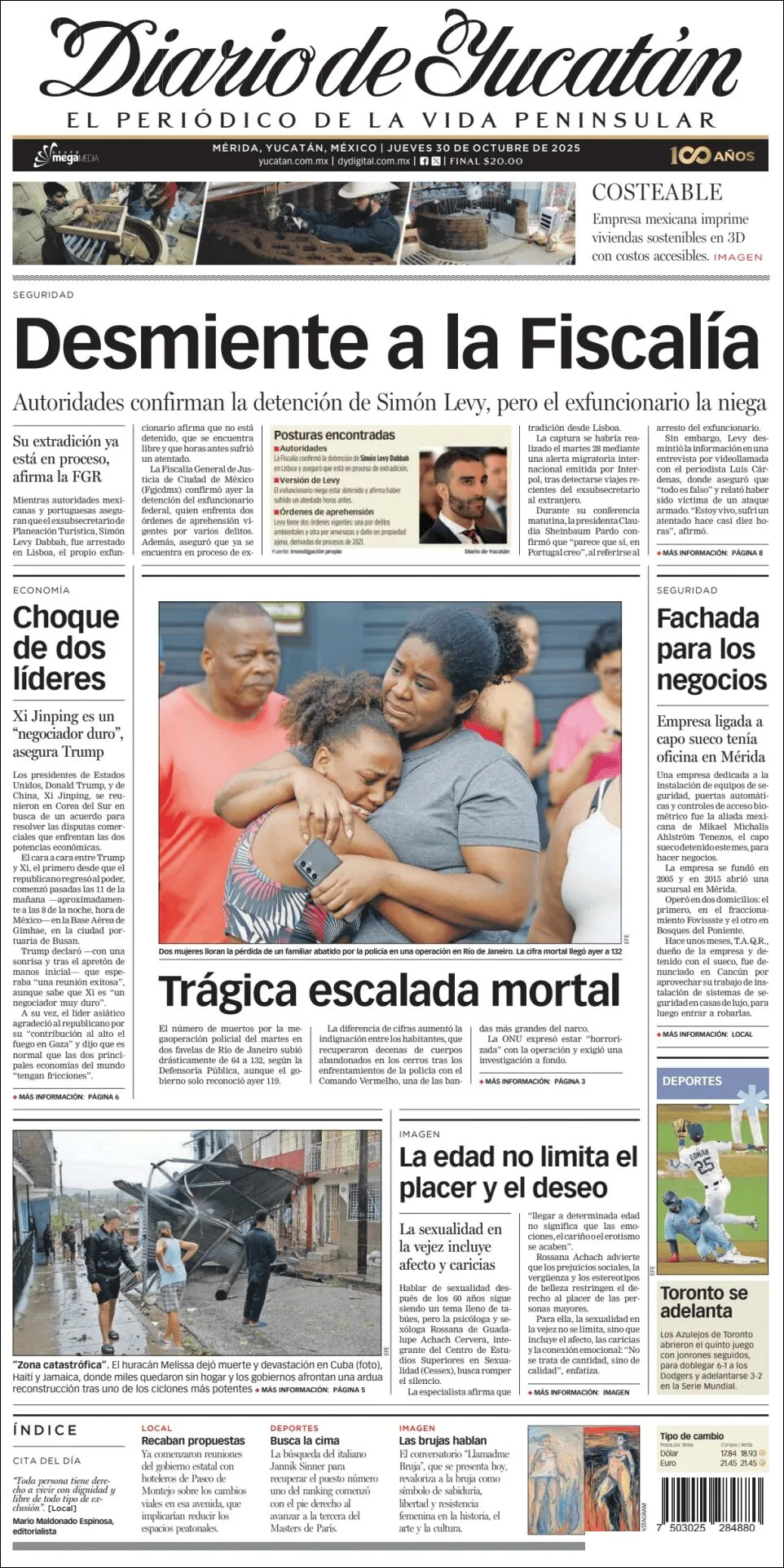 Portada de Diario de Yucatán del jueves, 30 de octubre de 2025