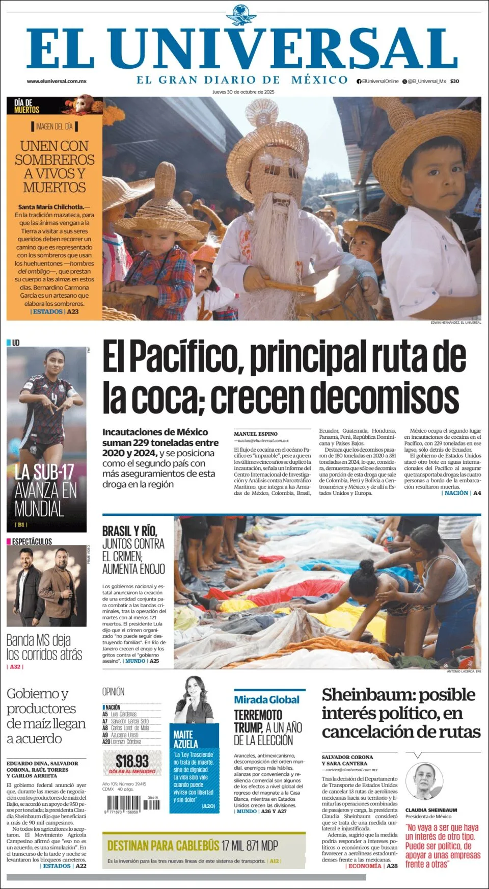 Portada de El Universal del jueves, 30 de octubre de 2025