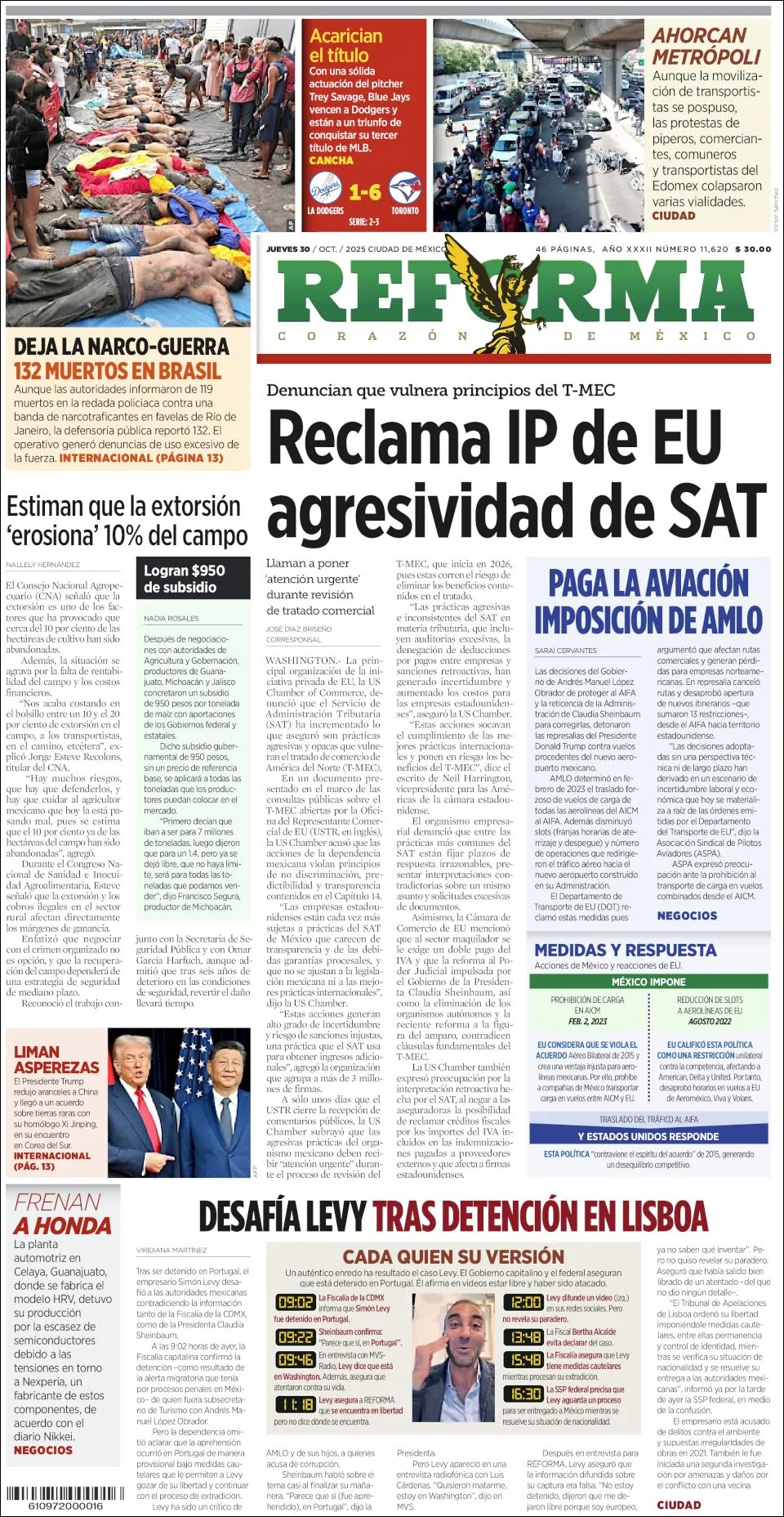 Portada de Reforma del jueves, 30 de octubre de 2025
