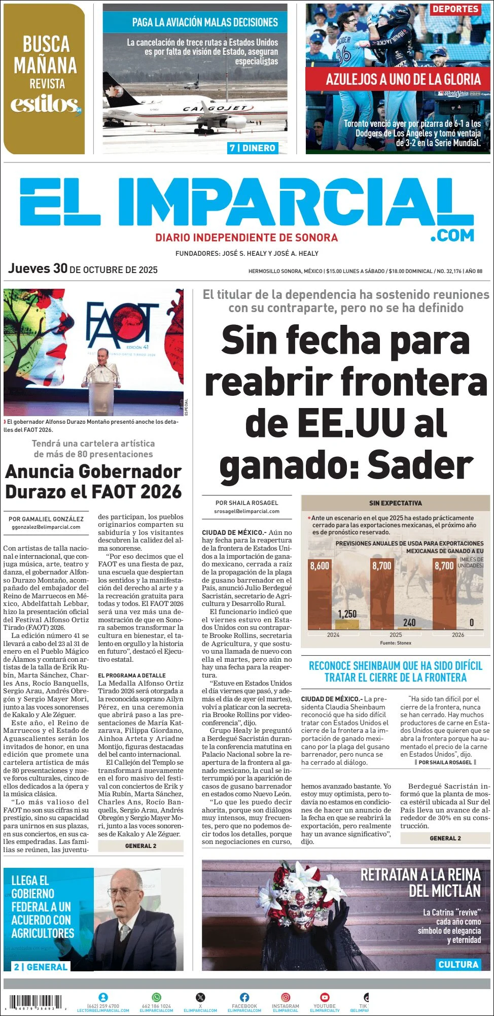 Portada de El Imparcial del jueves, 30 de octubre de 2025