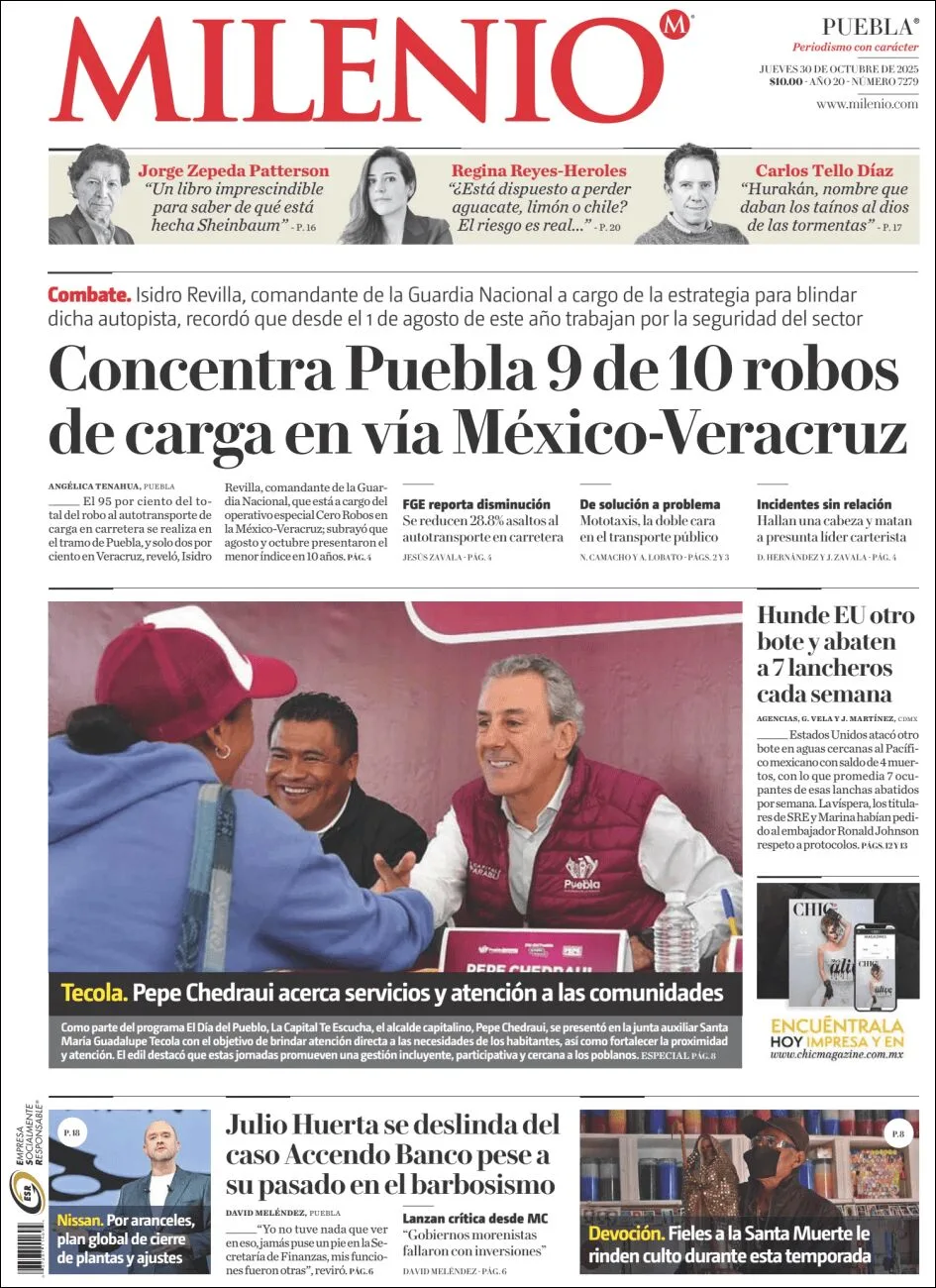 Portada de Milenio Puebla del jueves, 30 de octubre de 2025