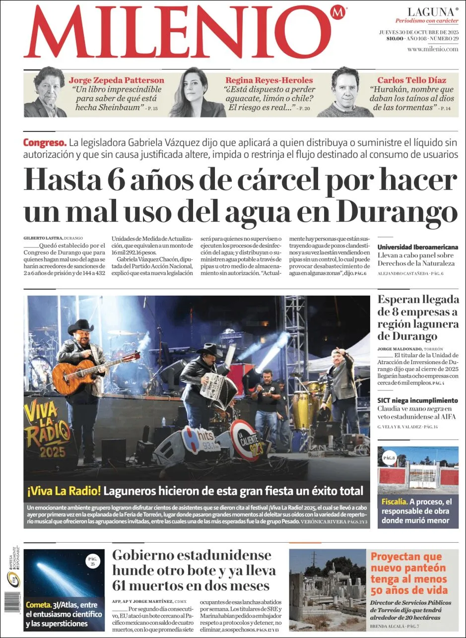 Portada de Milenio Laguna del jueves, 30 de octubre de 2025