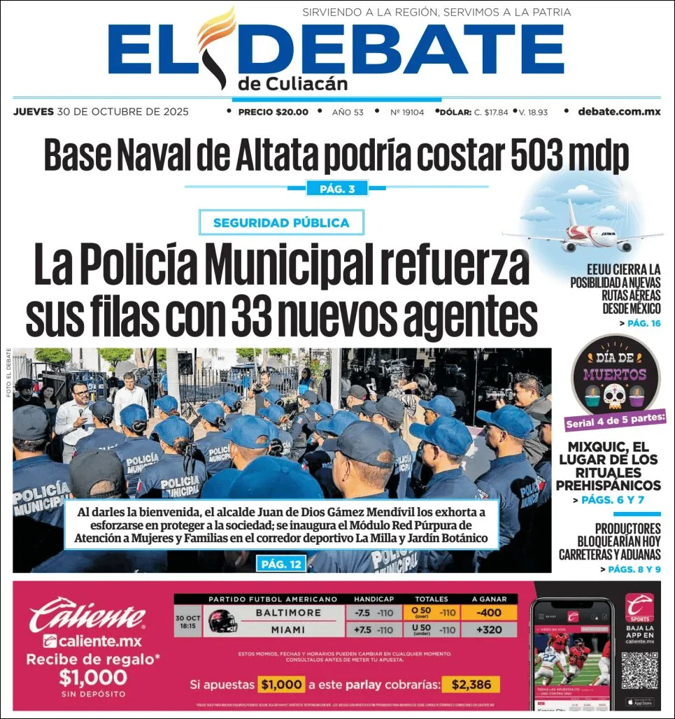 Portada de El Debate de Culiacan del jueves, 30 de octubre de 2025