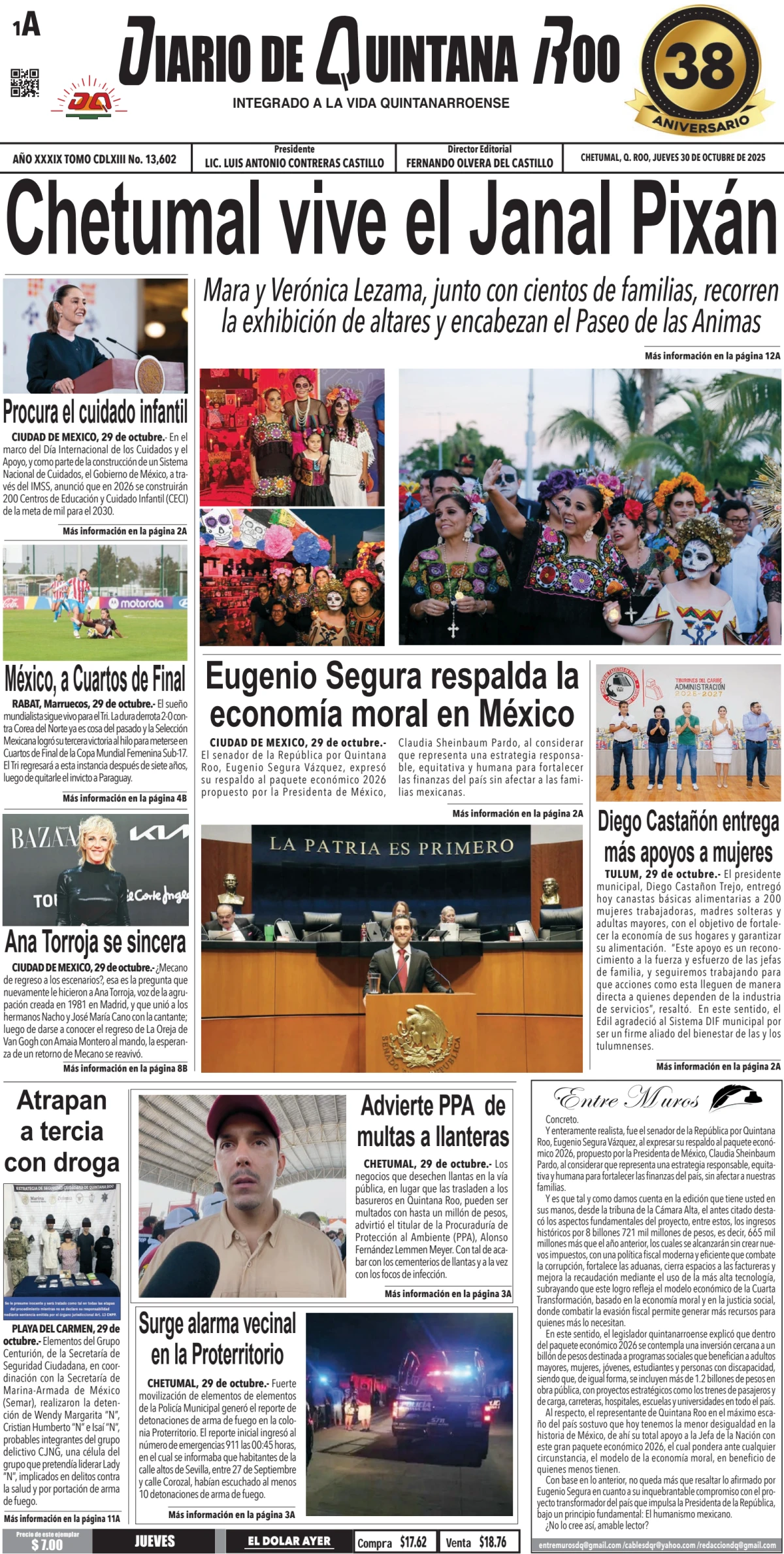 Portada de Diario de Quintana Roo (portada) del jueves, 30 de octubre de 2025