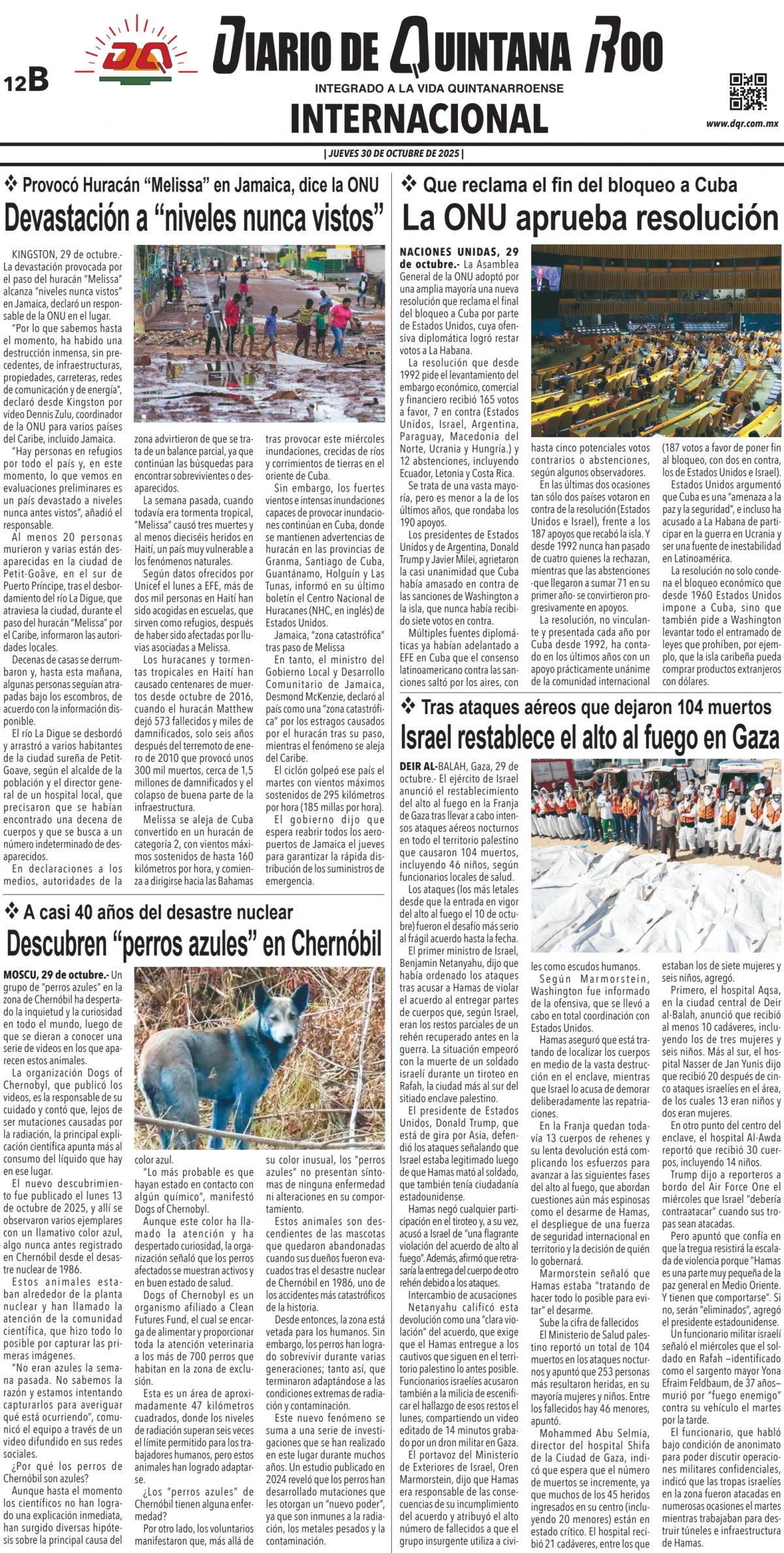 Portada de Diario de Quintana Roo (contra Portada) del jueves, 30 de octubre de 2025