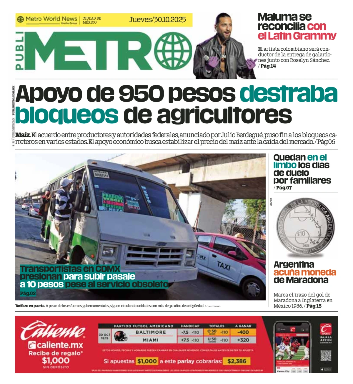 Portada de Publimetro Nacional del jueves, 30 de octubre de 2025