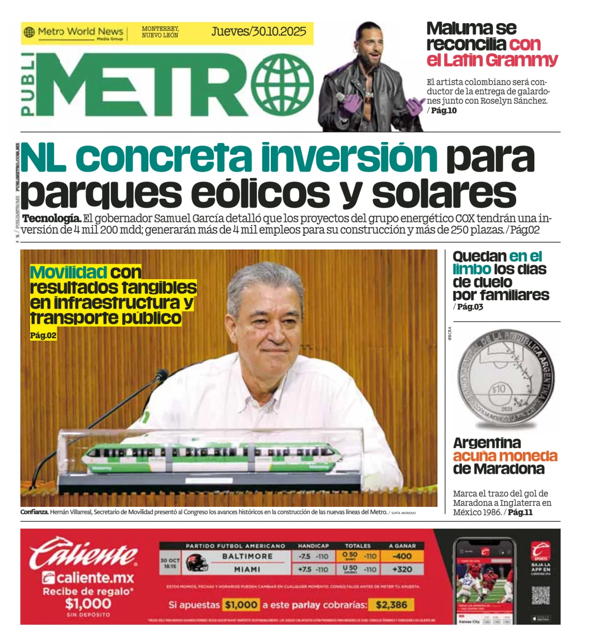 Portada de Publimetro Monterrey del jueves, 30 de octubre de 2025