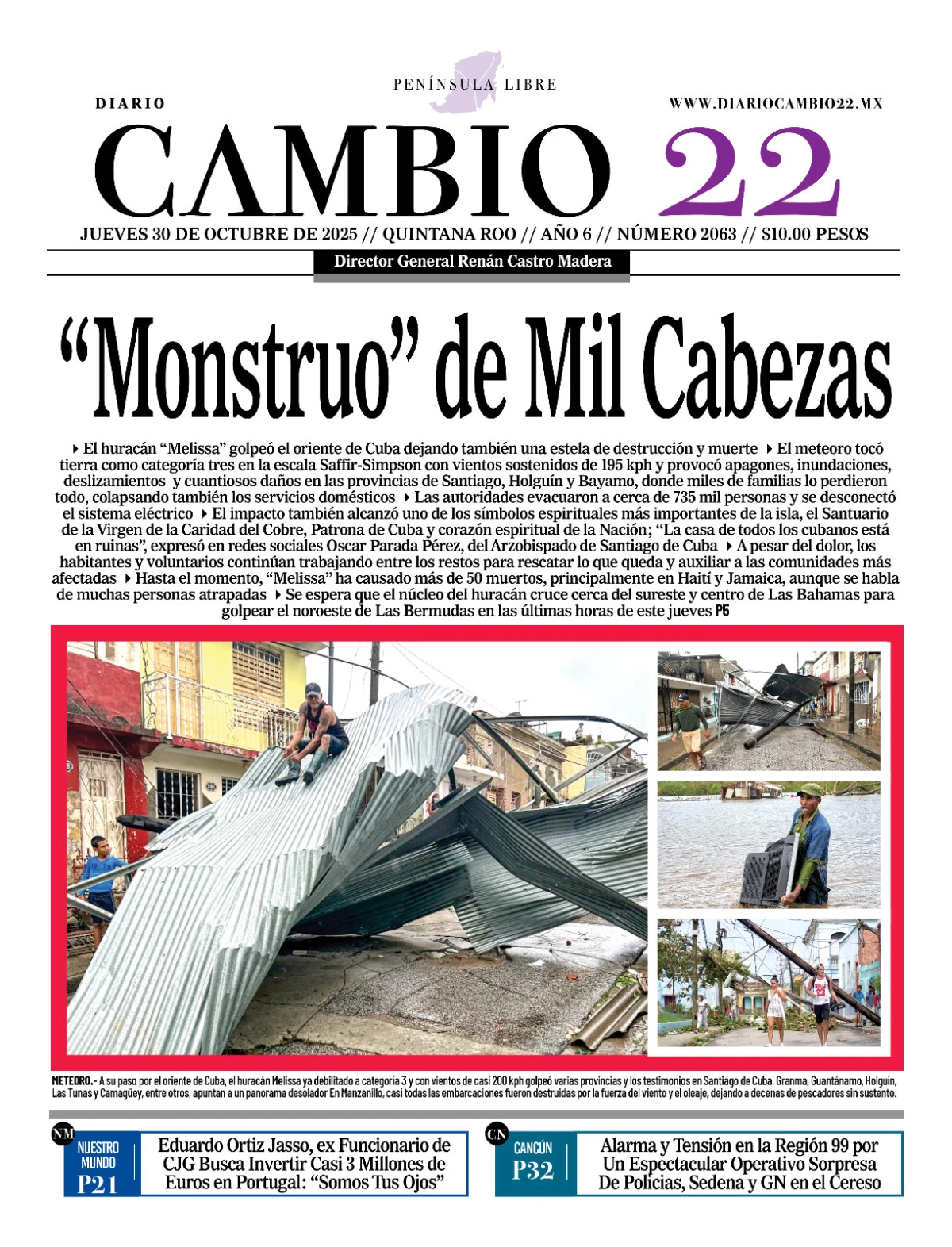 Portada de Diario Cambio 22 (portada) del jueves, 30 de octubre de 2025