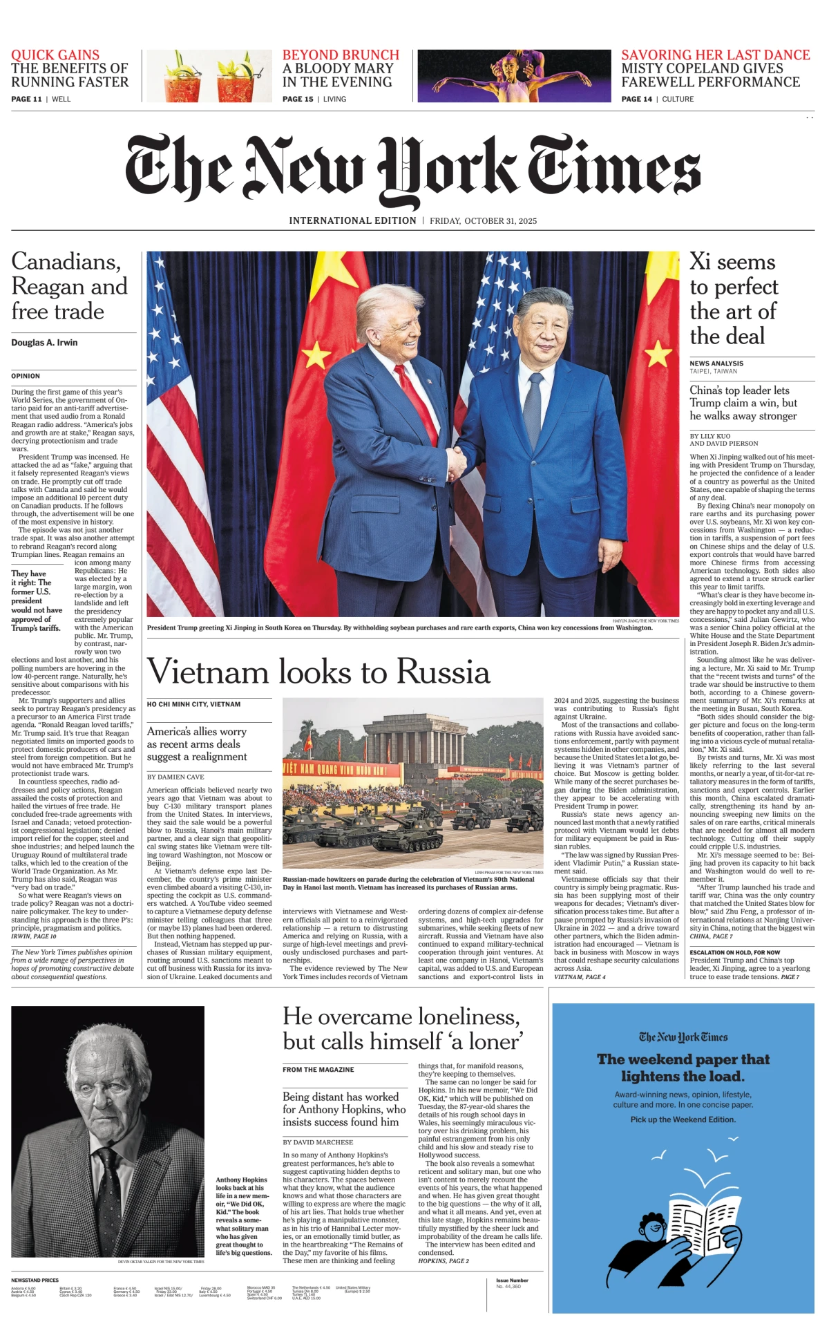 Portada de The New York Times (international) del viernes, 31 de octubre de 2025
