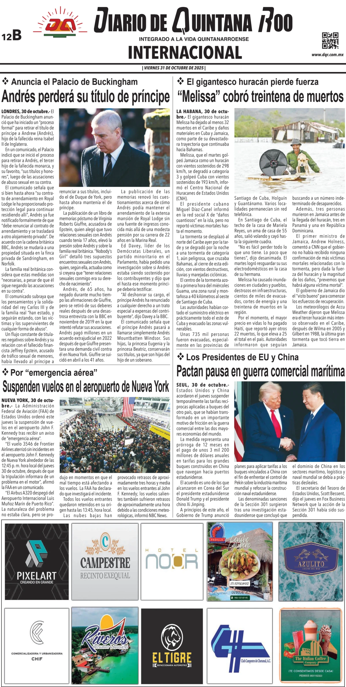 Portada de Diario de Quintana Roo (contra Portada) del viernes, 31 de octubre de 2025