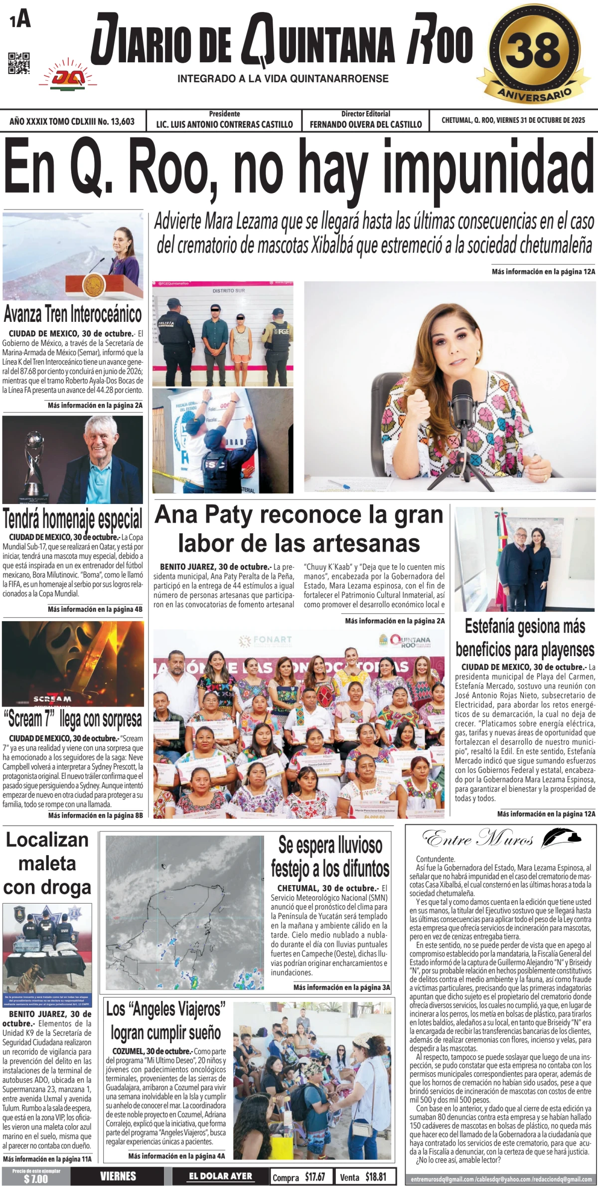 Portada de Diario de Quintana Roo (portada) del viernes, 31 de octubre de 2025
