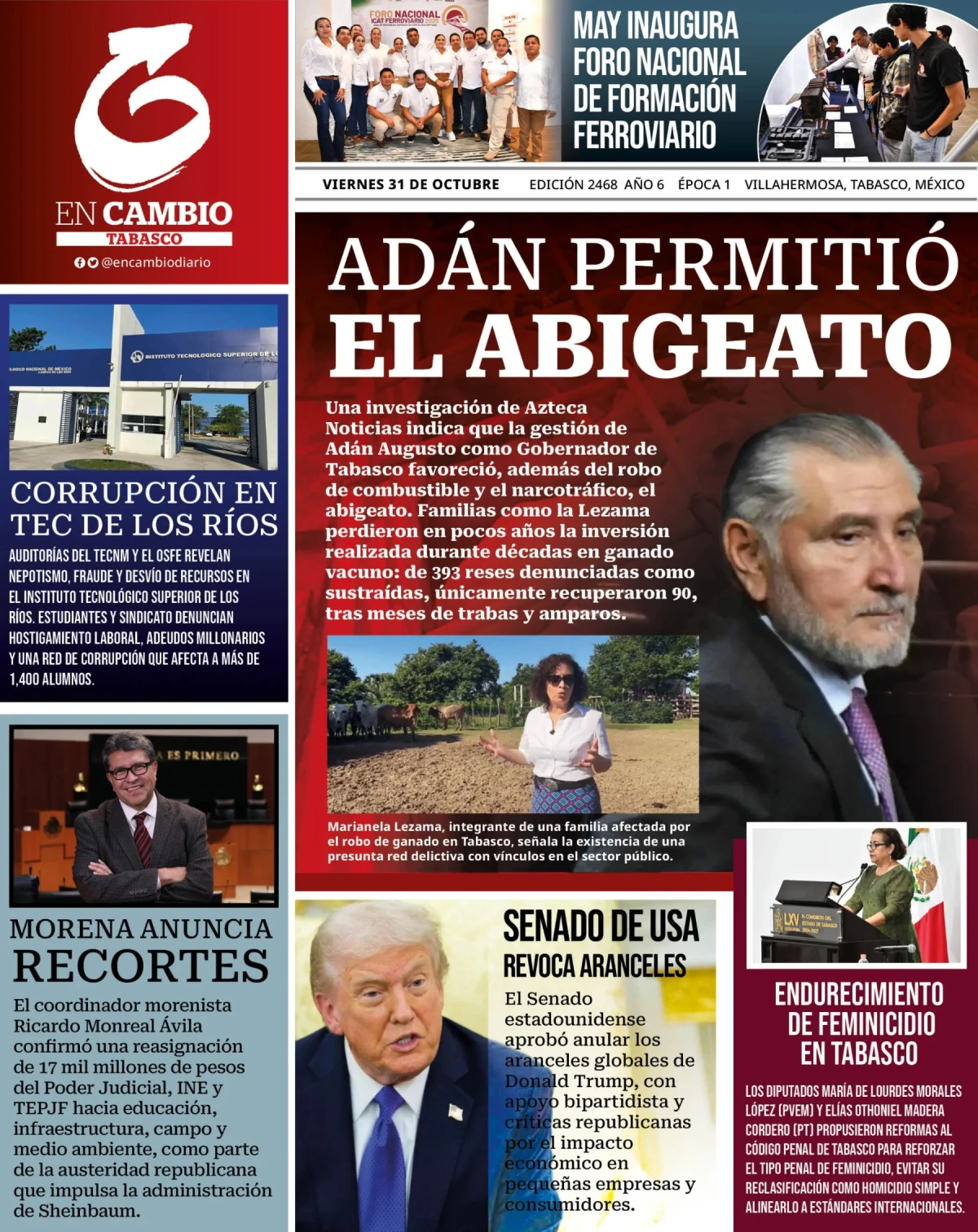 Portada de En Cambio - Tabasco (portada) del viernes, 31 de octubre de 2025