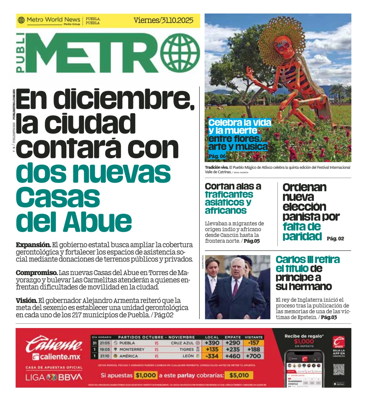 Portada de Publimetro Puebla del viernes, 31 de octubre de 2025