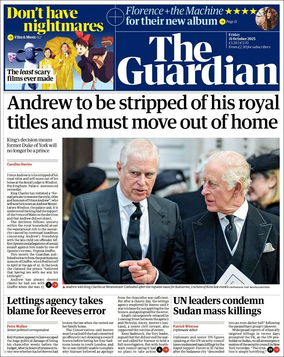 Portada de The Guardian (reino Unido) del viernes, 31 de octubre de 2025