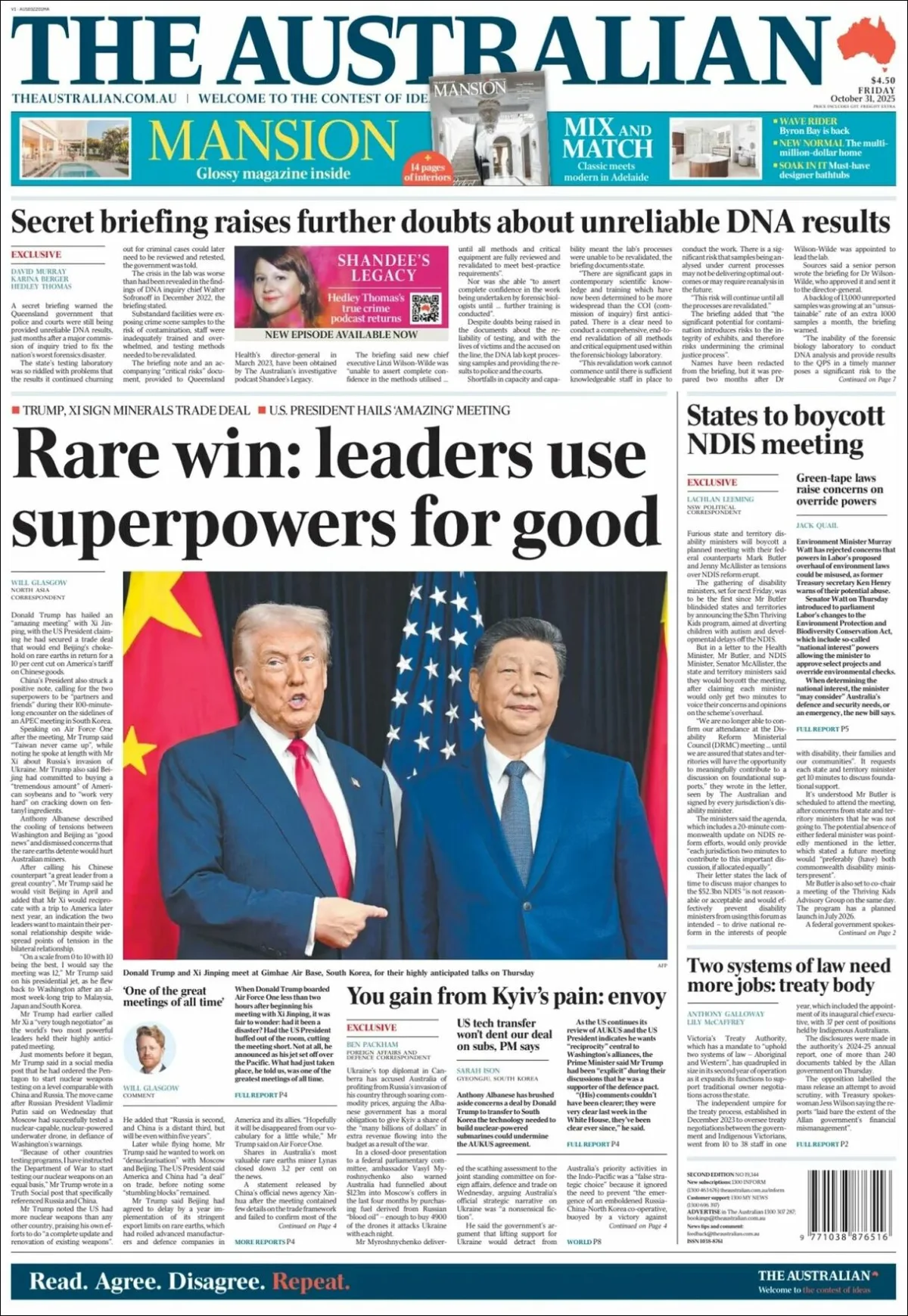 Portada de The Australian del viernes, 31 de octubre de 2025