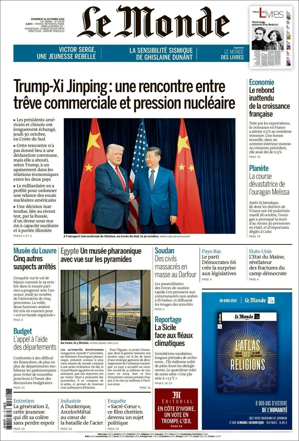 Portada de Le Monde del viernes, 31 de octubre de 2025
