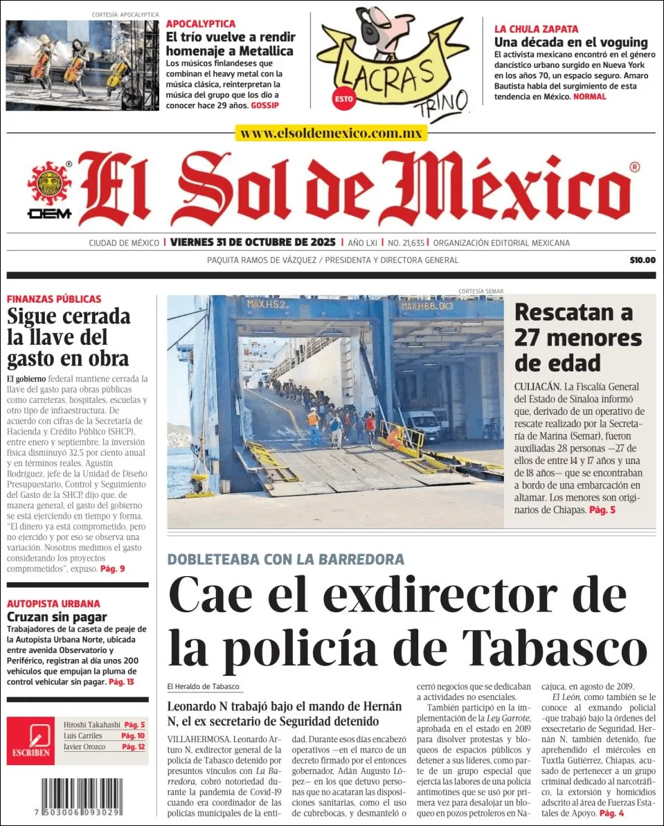 Portada de El Sol de Mexico del viernes, 31 de octubre de 2025