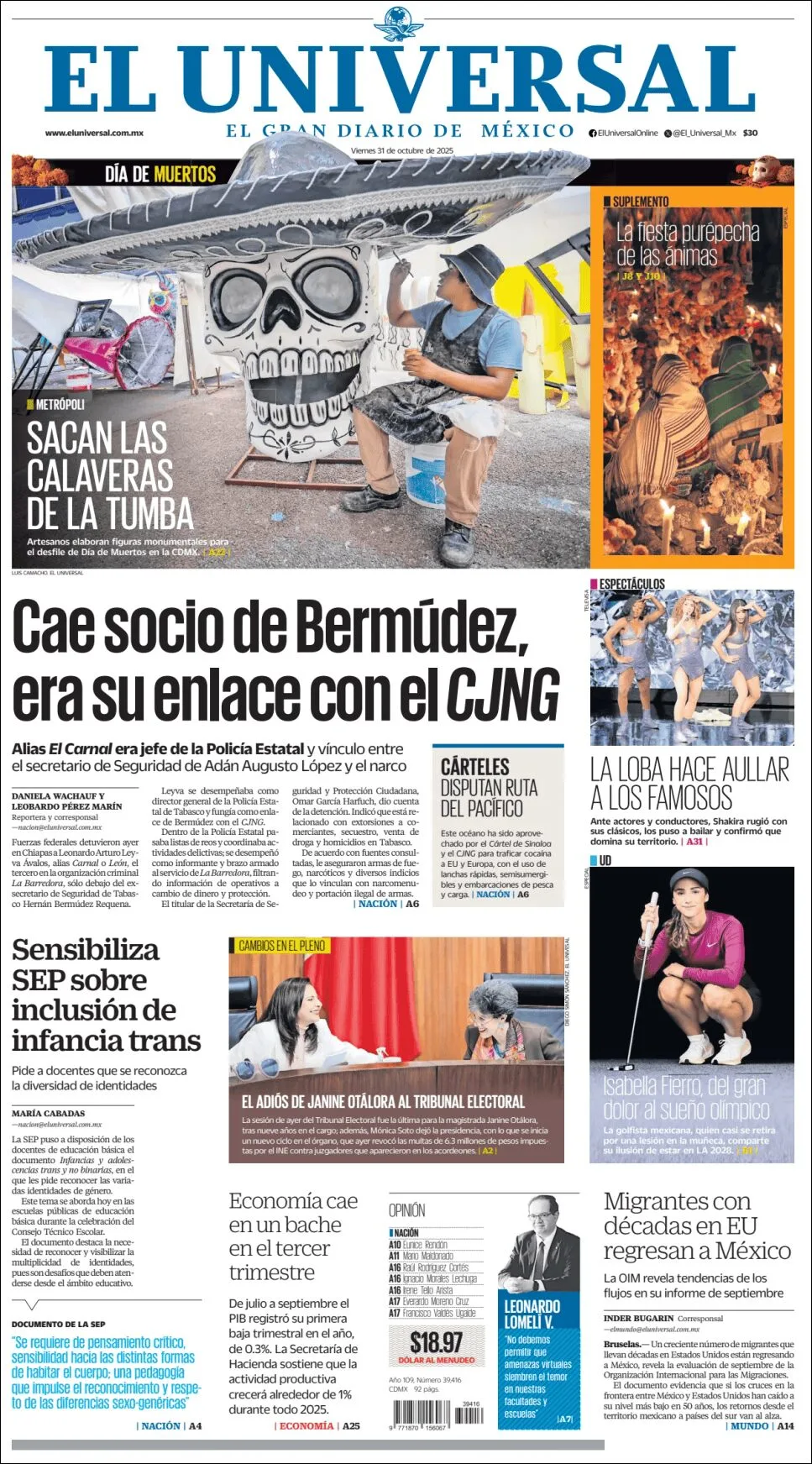 Portada de El Universal del viernes, 31 de octubre de 2025