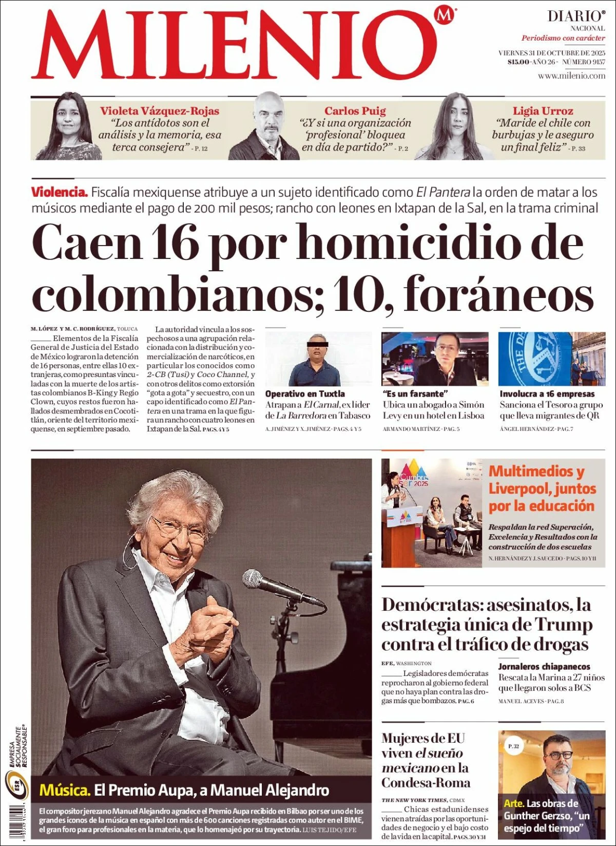 Portada de Milenio del viernes, 31 de octubre de 2025