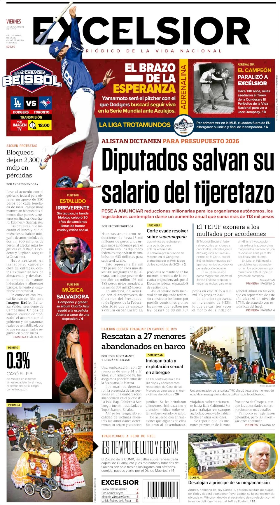 Portada de Excelsior del viernes, 31 de octubre de 2025
