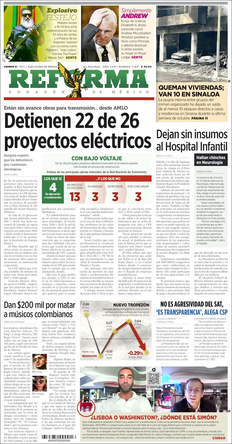 Portada de Reforma del viernes, 31 de octubre de 2025