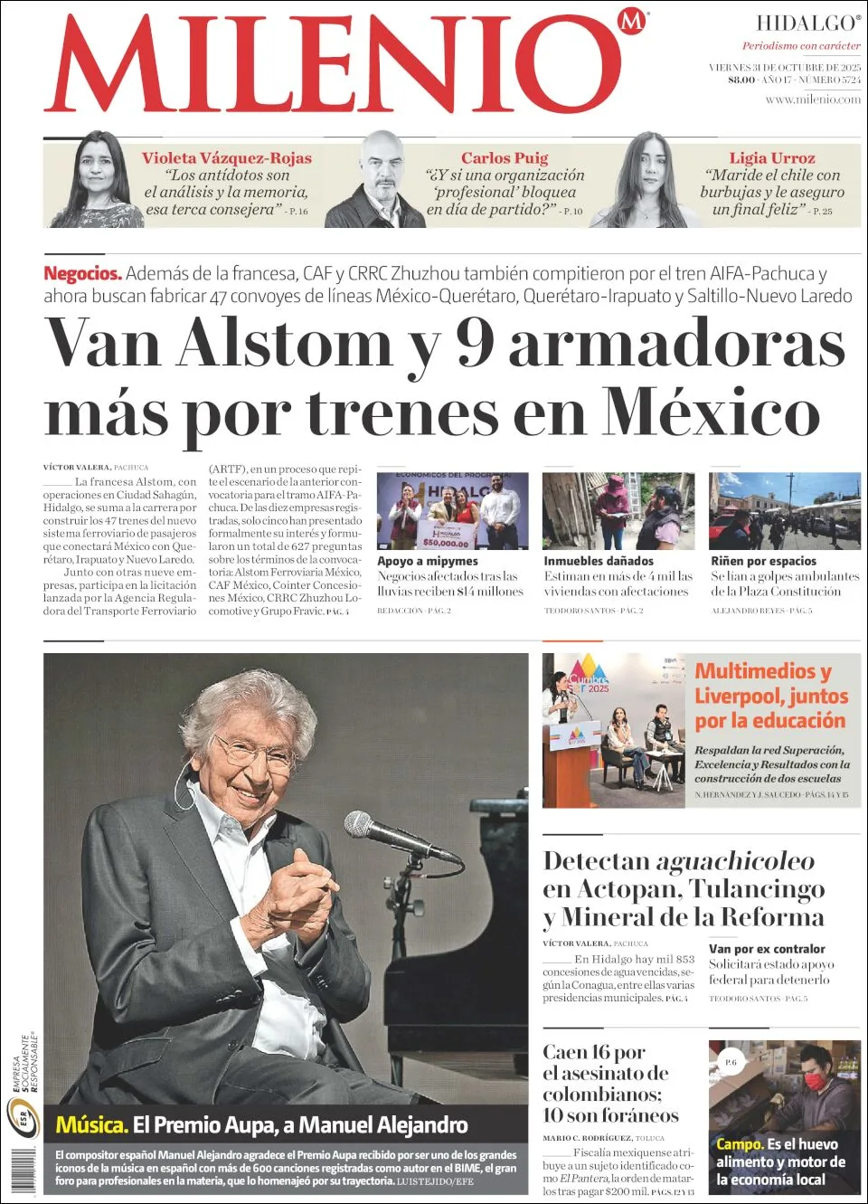 Portada de Milenio Hidalgo del viernes, 31 de octubre de 2025