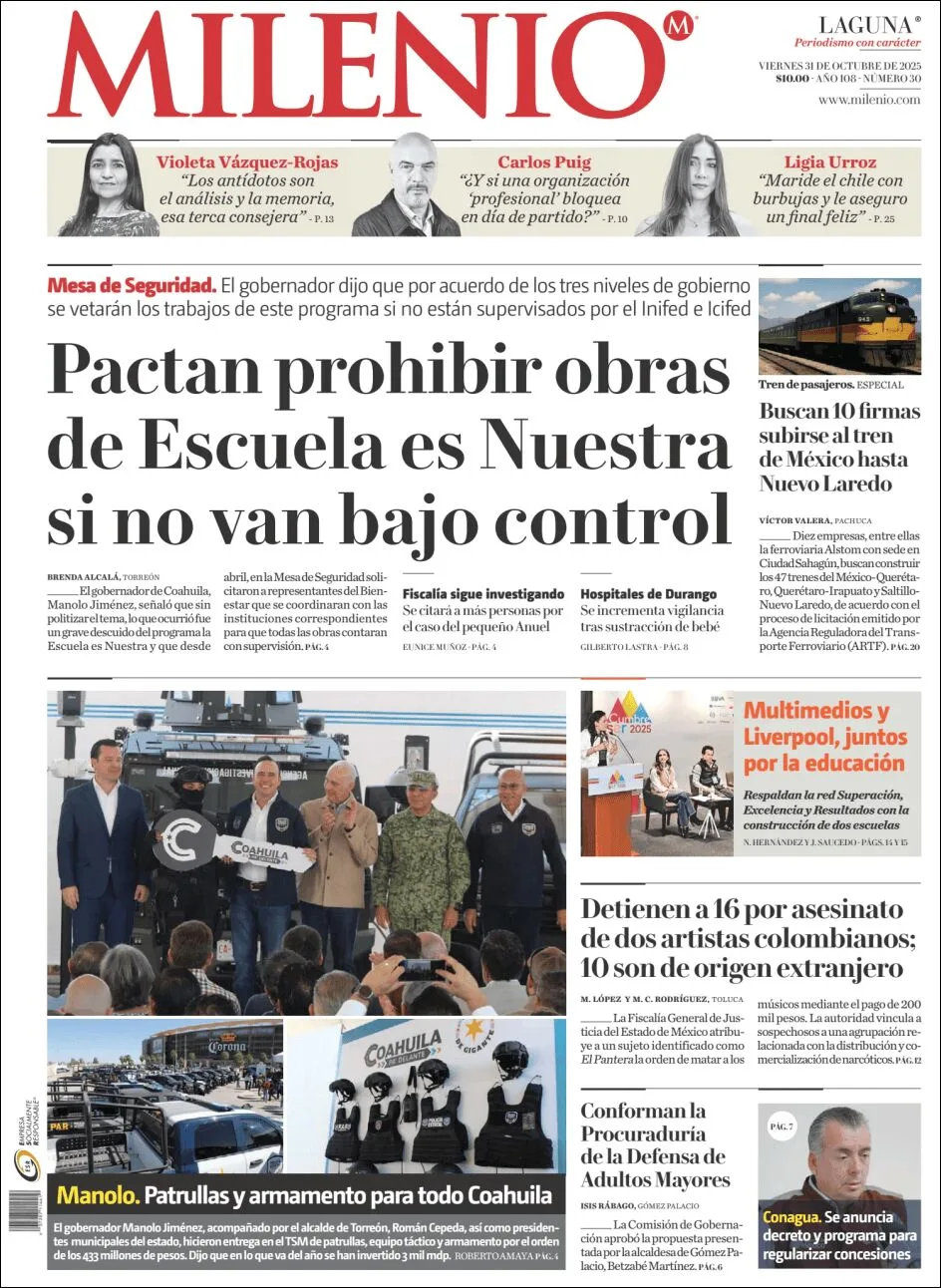 Portada de Milenio Laguna del viernes, 31 de octubre de 2025