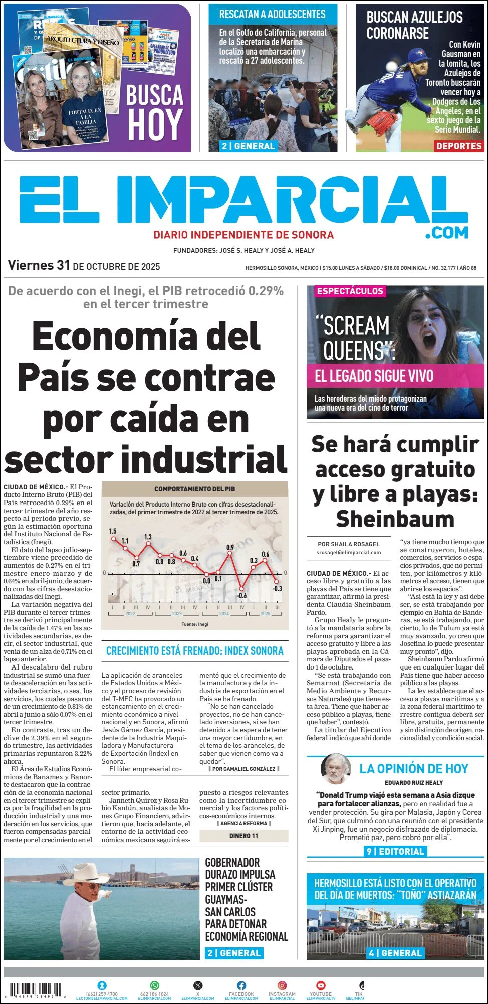 Portada de El Imparcial del viernes, 31 de octubre de 2025