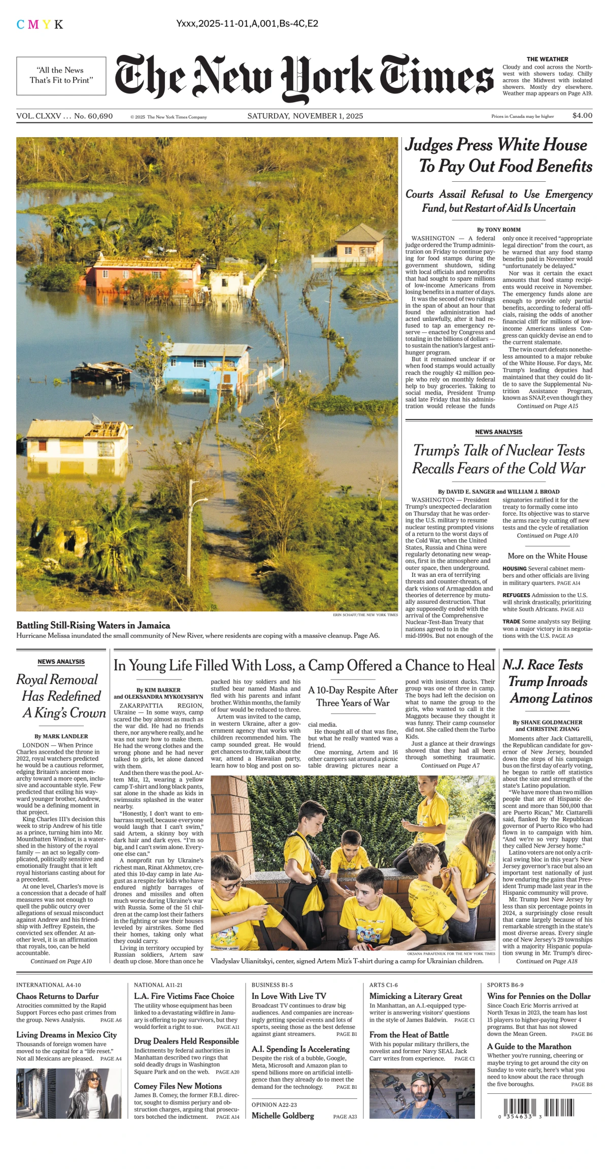 Portada de The New York Times (national) del sábado, 1 de noviembre de 2025