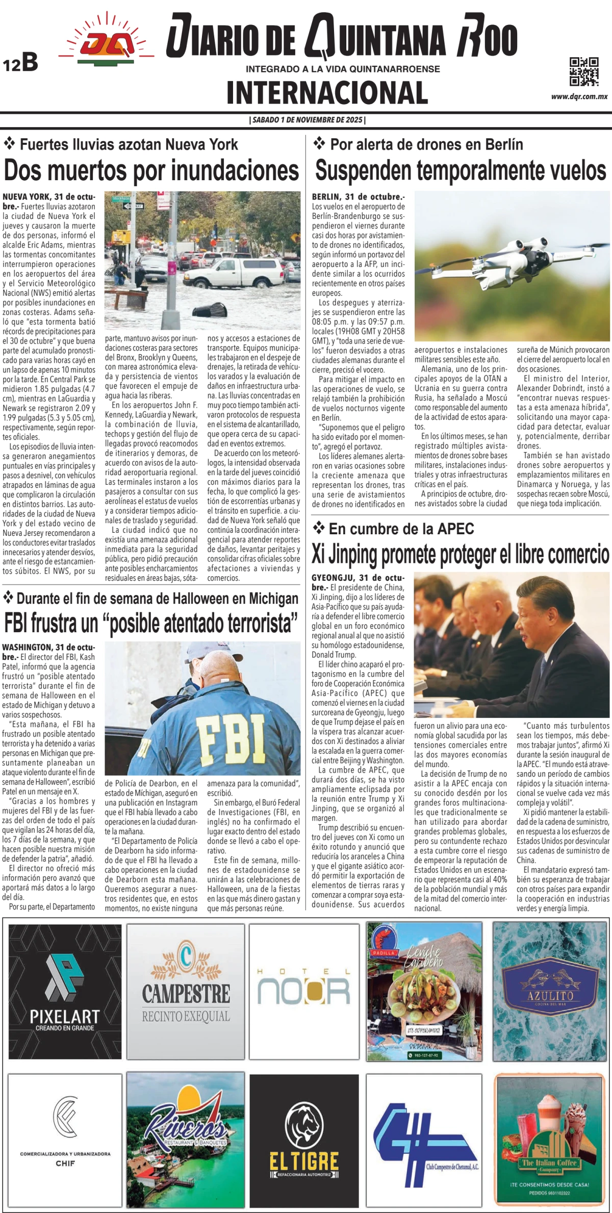 Portada de Diario de Quintana Roo (contra Portada) del sábado, 1 de noviembre de 2025