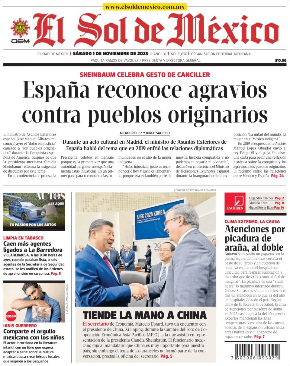 Portada de El Sol de Mexico del sábado, 1 de noviembre de 2025