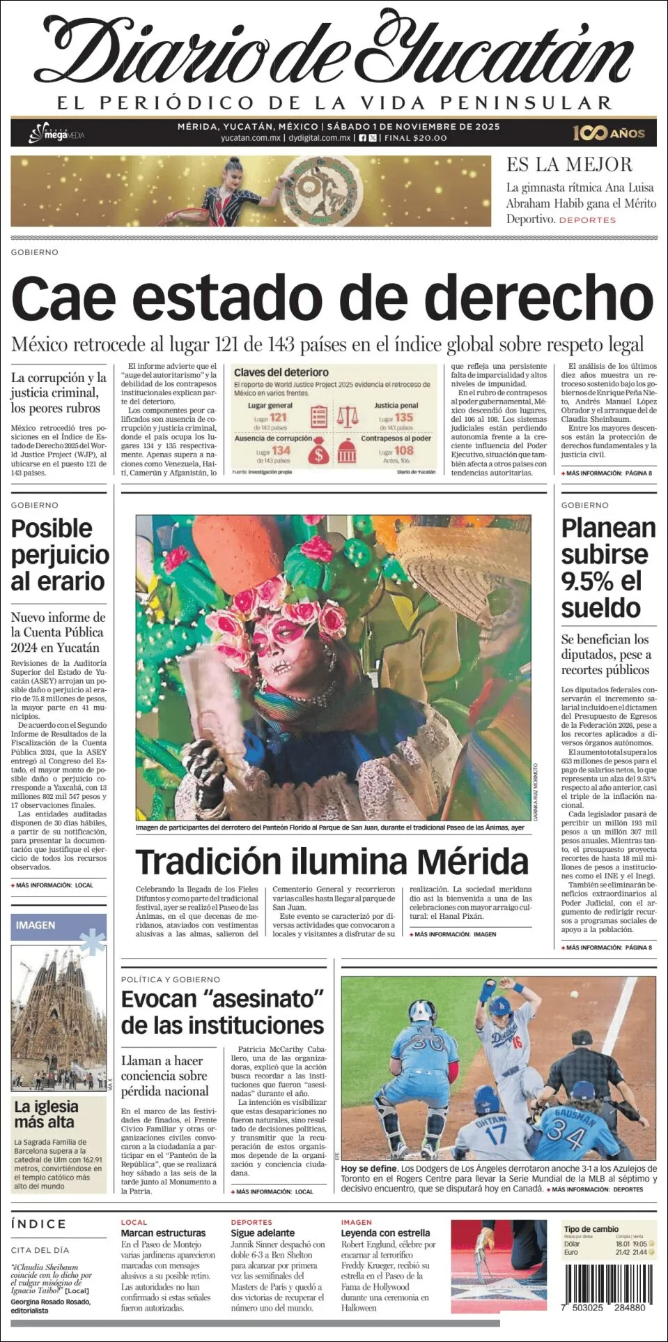 Portada de Diario de Yucatán del sábado, 1 de noviembre de 2025