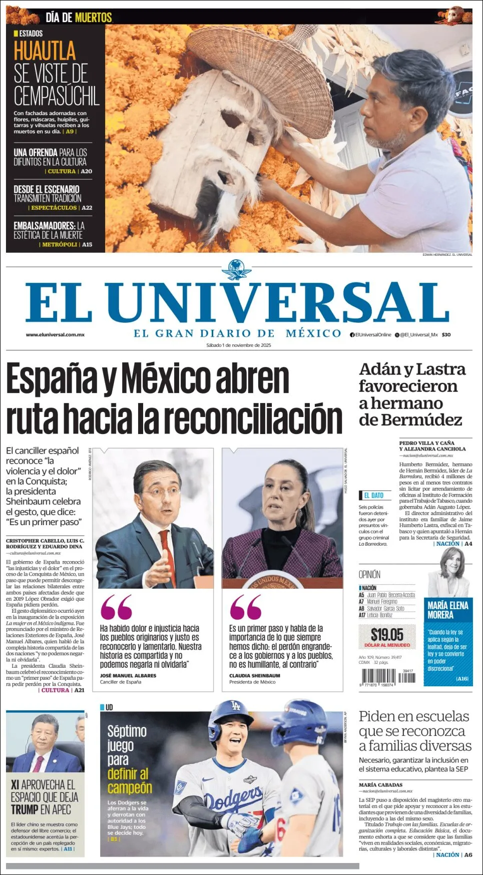 Portada de El Universal del sábado, 1 de noviembre de 2025