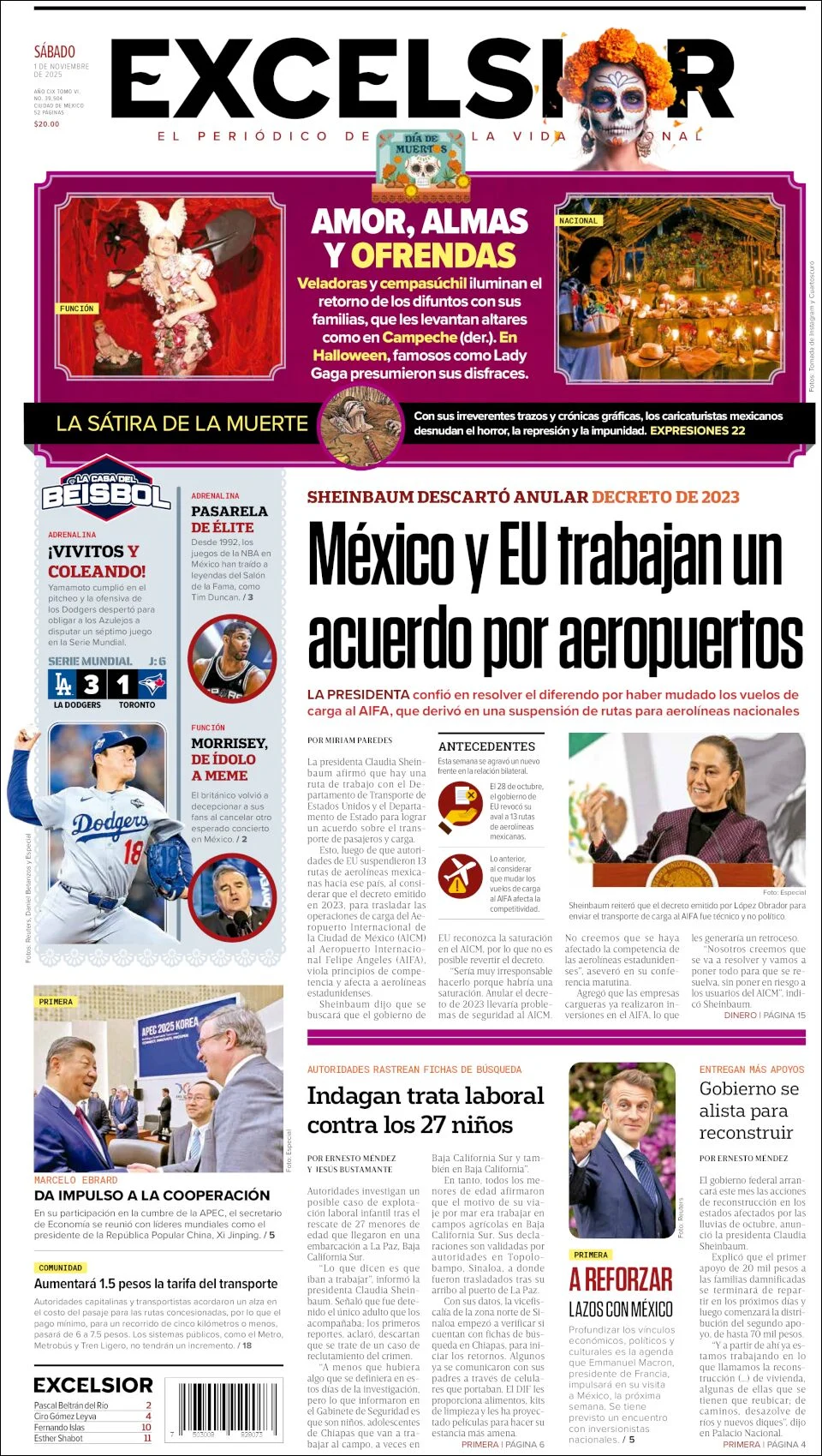 Portada de Excelsior del sábado, 1 de noviembre de 2025