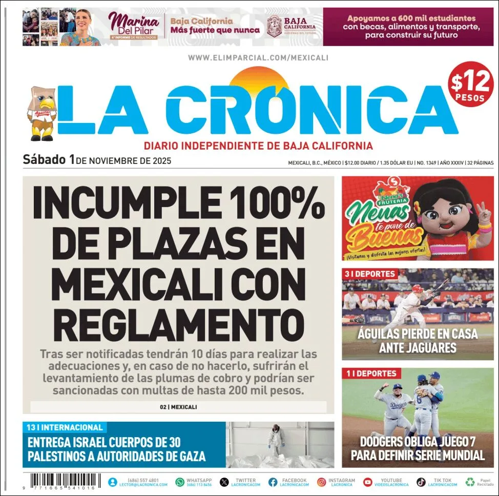 Portada de La Cronica del sábado, 1 de noviembre de 2025