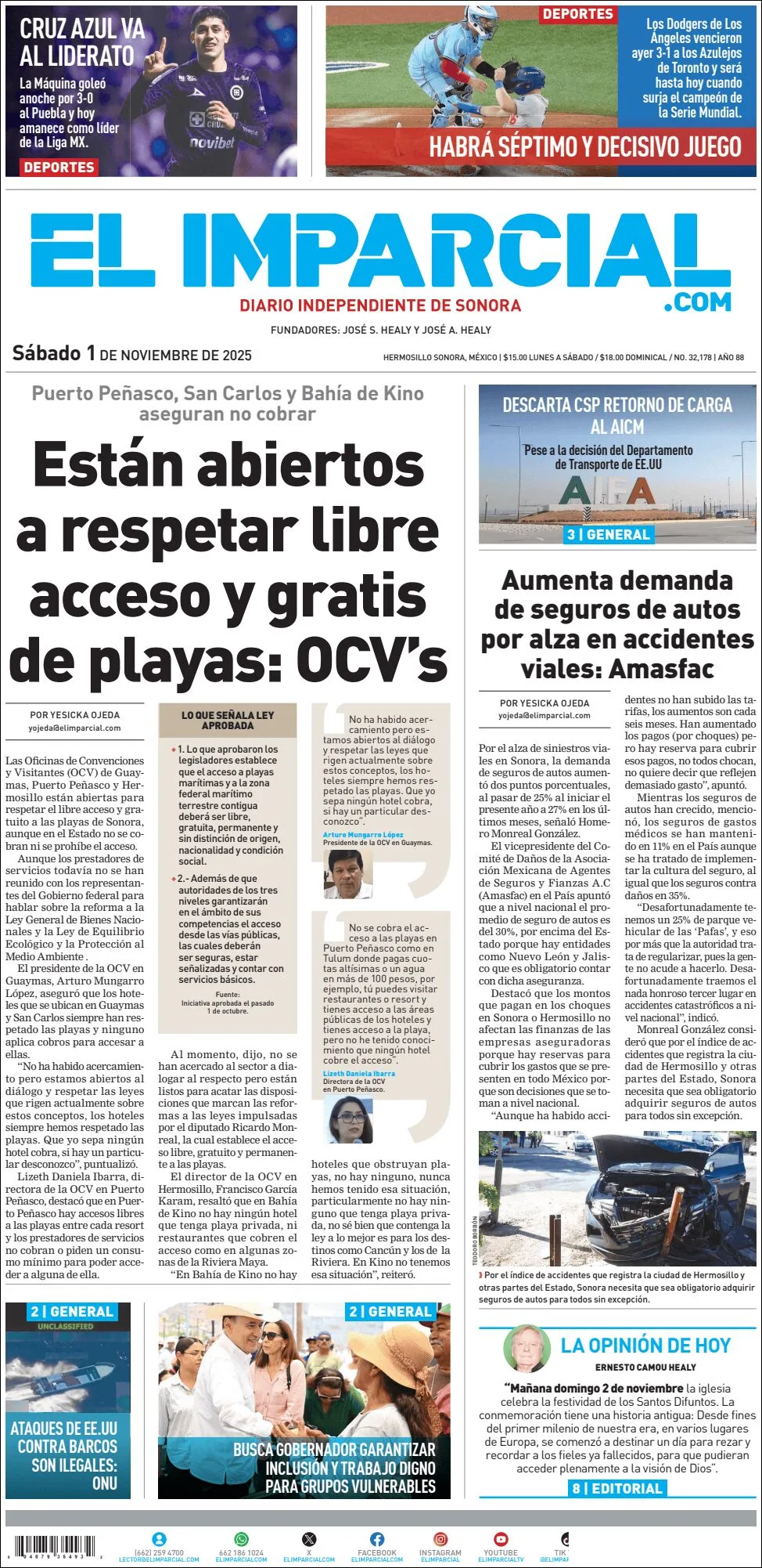 Portada de El Imparcial del sábado, 1 de noviembre de 2025