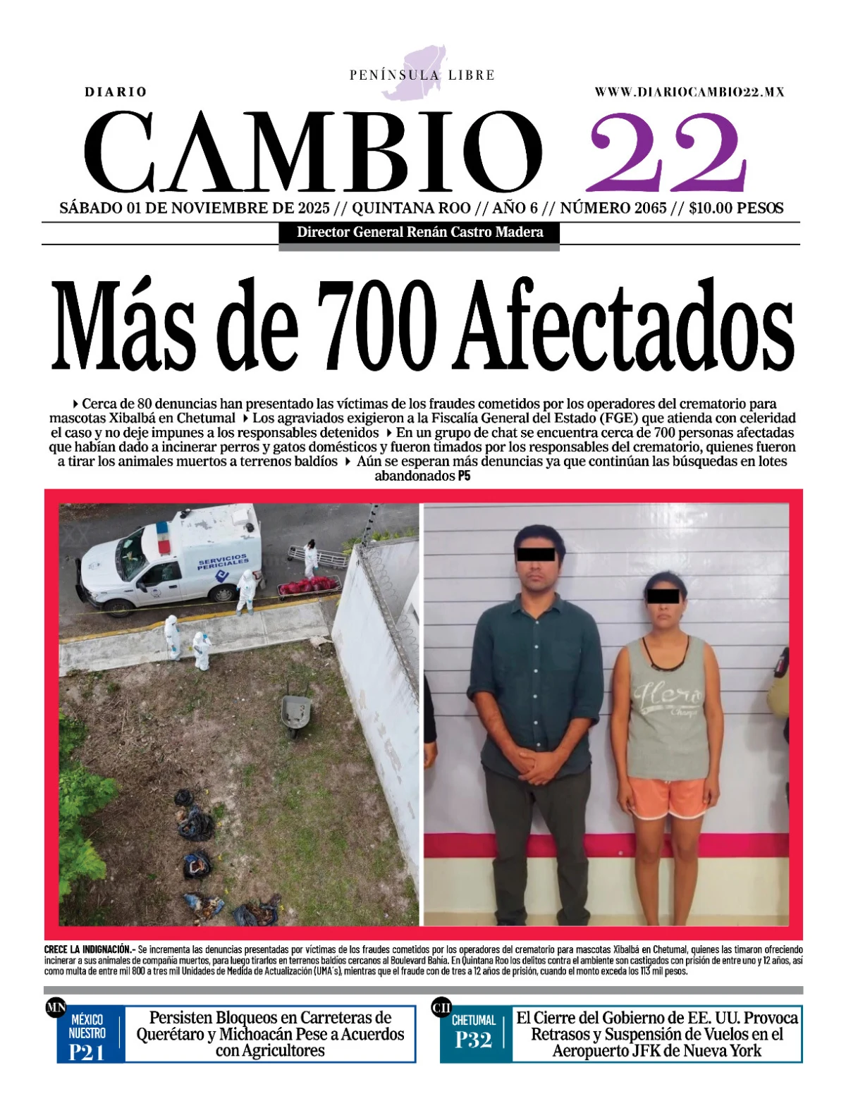 Portada de Diario Cambio 22 (contraportada) del sábado, 1 de noviembre de 2025