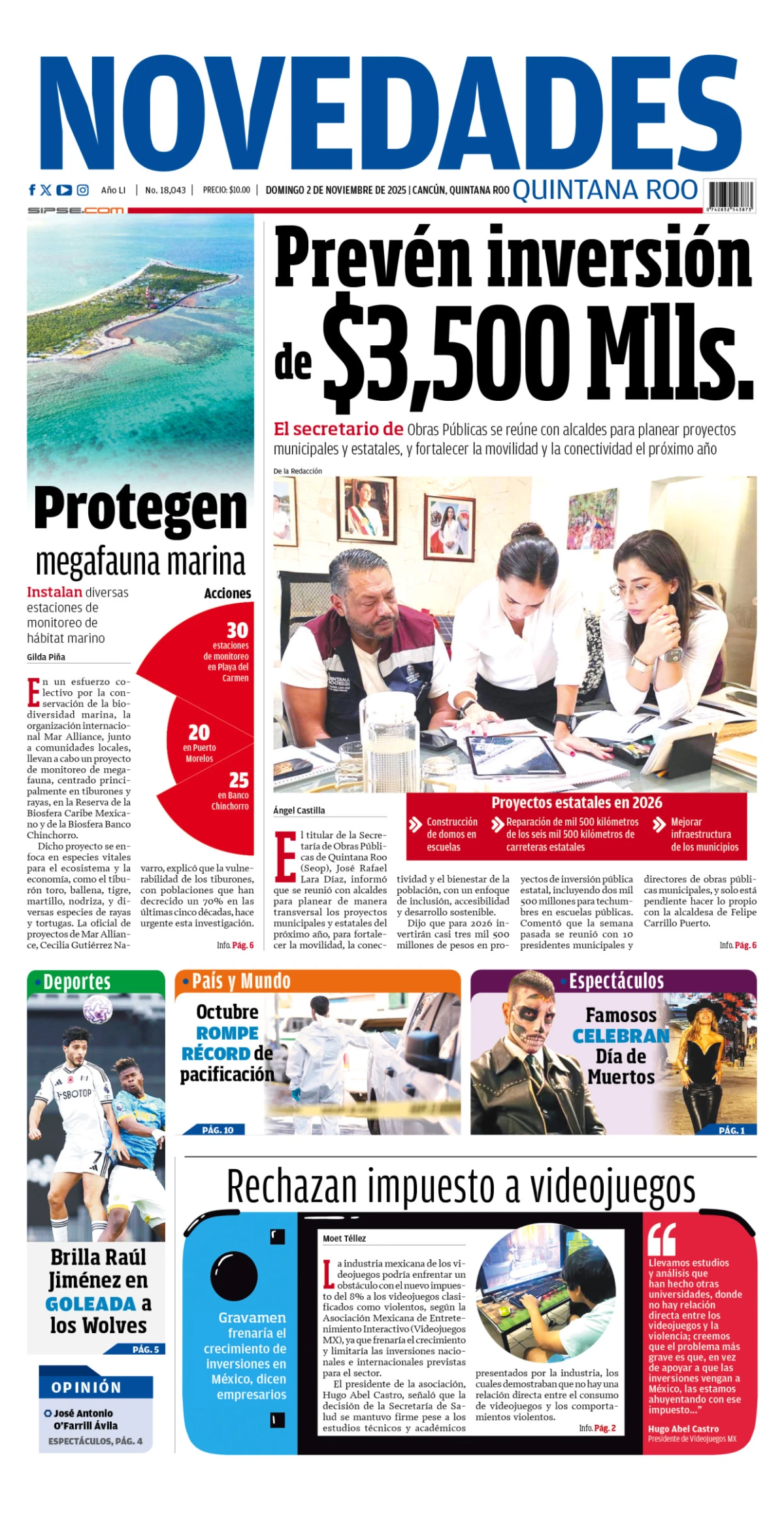 Portada de Novedades Quintana Roo del domingo, 2 de noviembre de 2025
