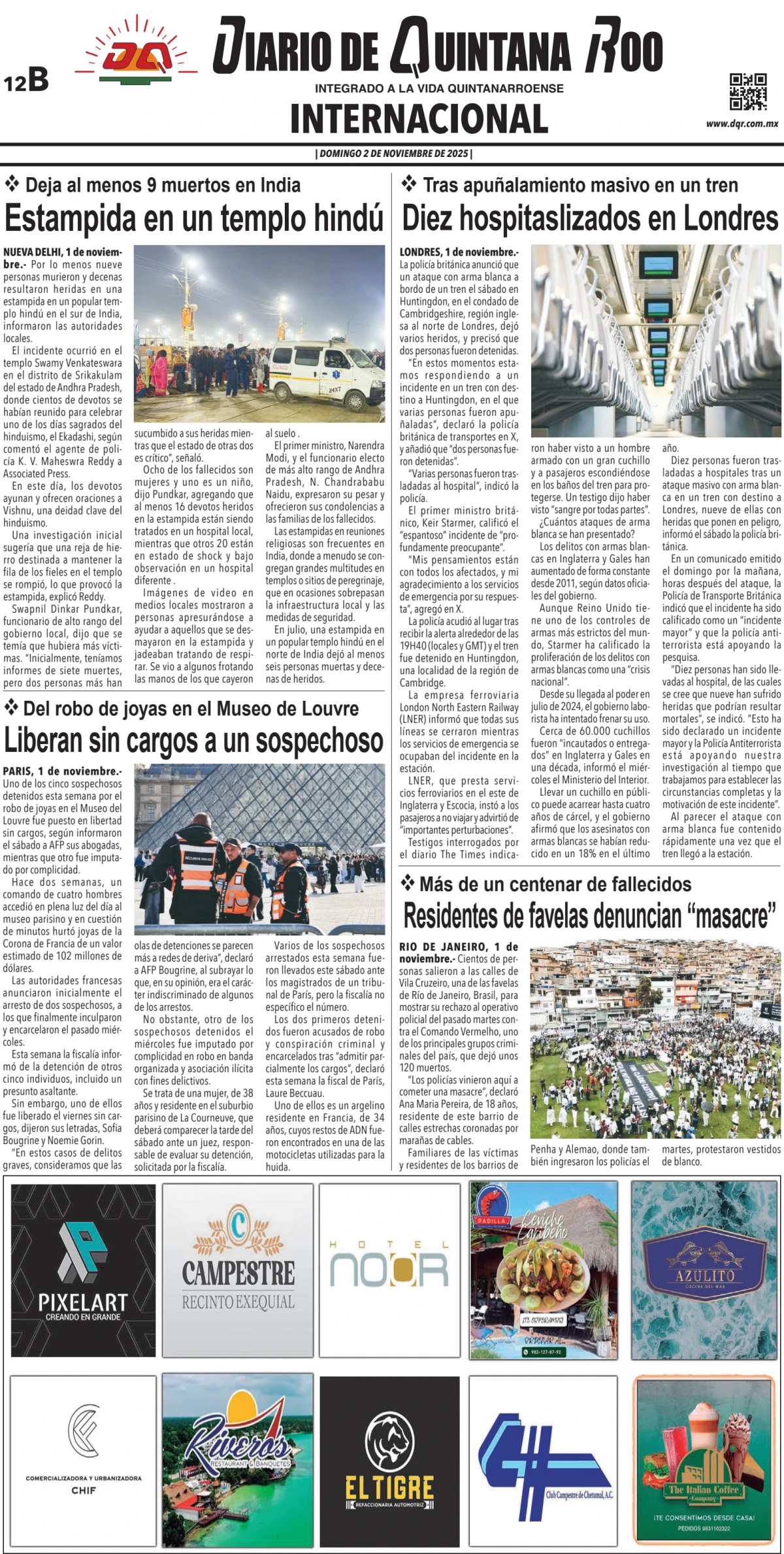 Portada de Diario de Quintana Roo (contra Portada) del domingo, 2 de noviembre de 2025